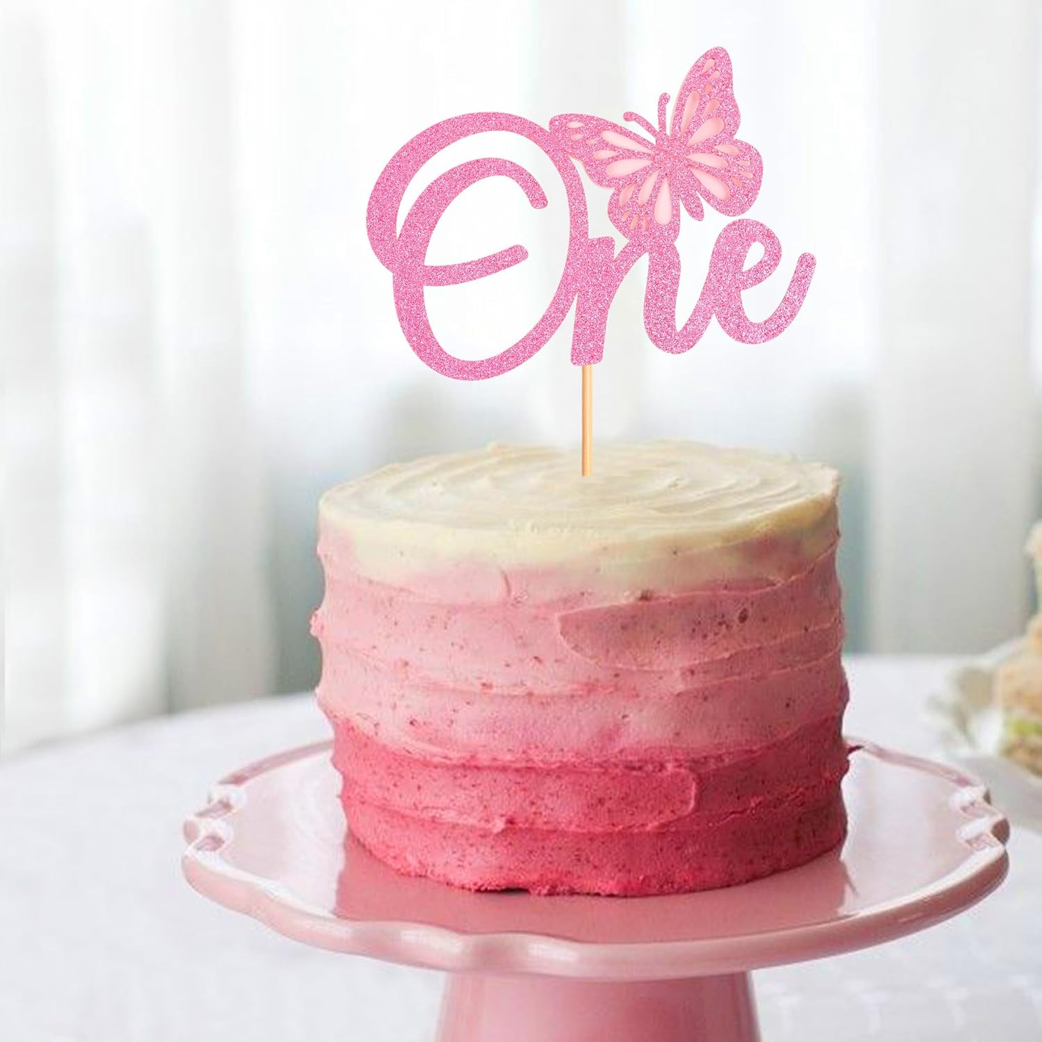 Pink First Birthday Butterfly Topper 1St Birthday Cake Decoration Supplies,One Sign Butterfly Theme One Years Old Birthday Cake Topper image number 5