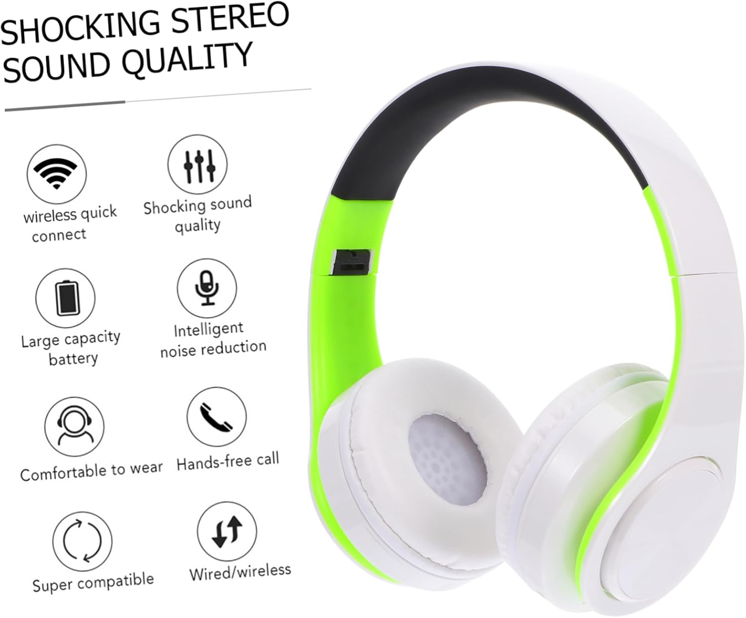 FONDOTIN Wireless Adjustable Foldable Over-Ear Headphones with Wireless Connectivity and Microphone, Stereo Wireless Headset for Sports and Travel, Green White Color image number 5