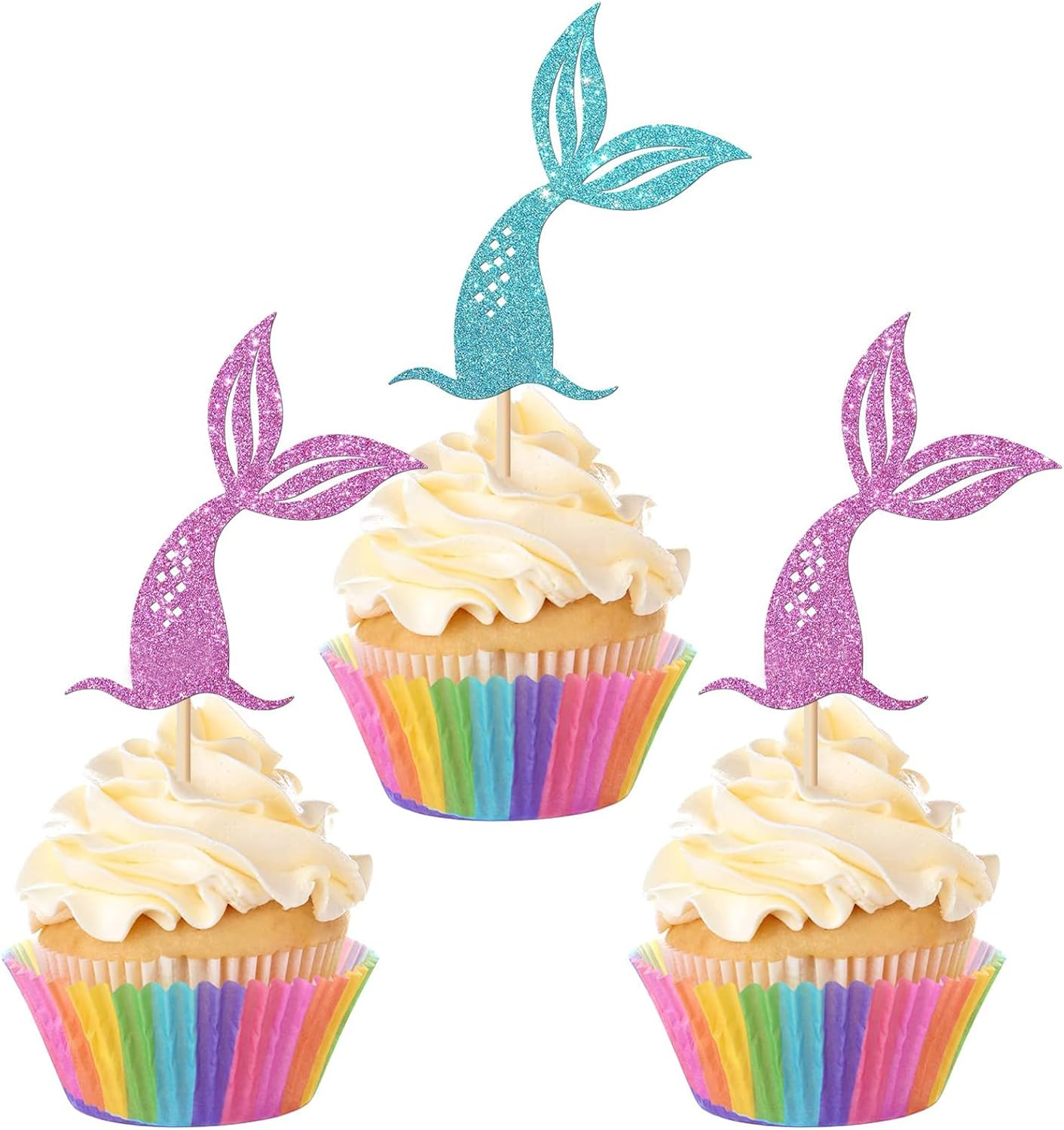 24Pcs Mermaid Tails Cupcake Toppers Glitter Pink & Blue Mermaid Tails Cupcake Picks Baby Shower Kids Birthday Mermaid Themed Party Cake Decorations Supplies image number 2