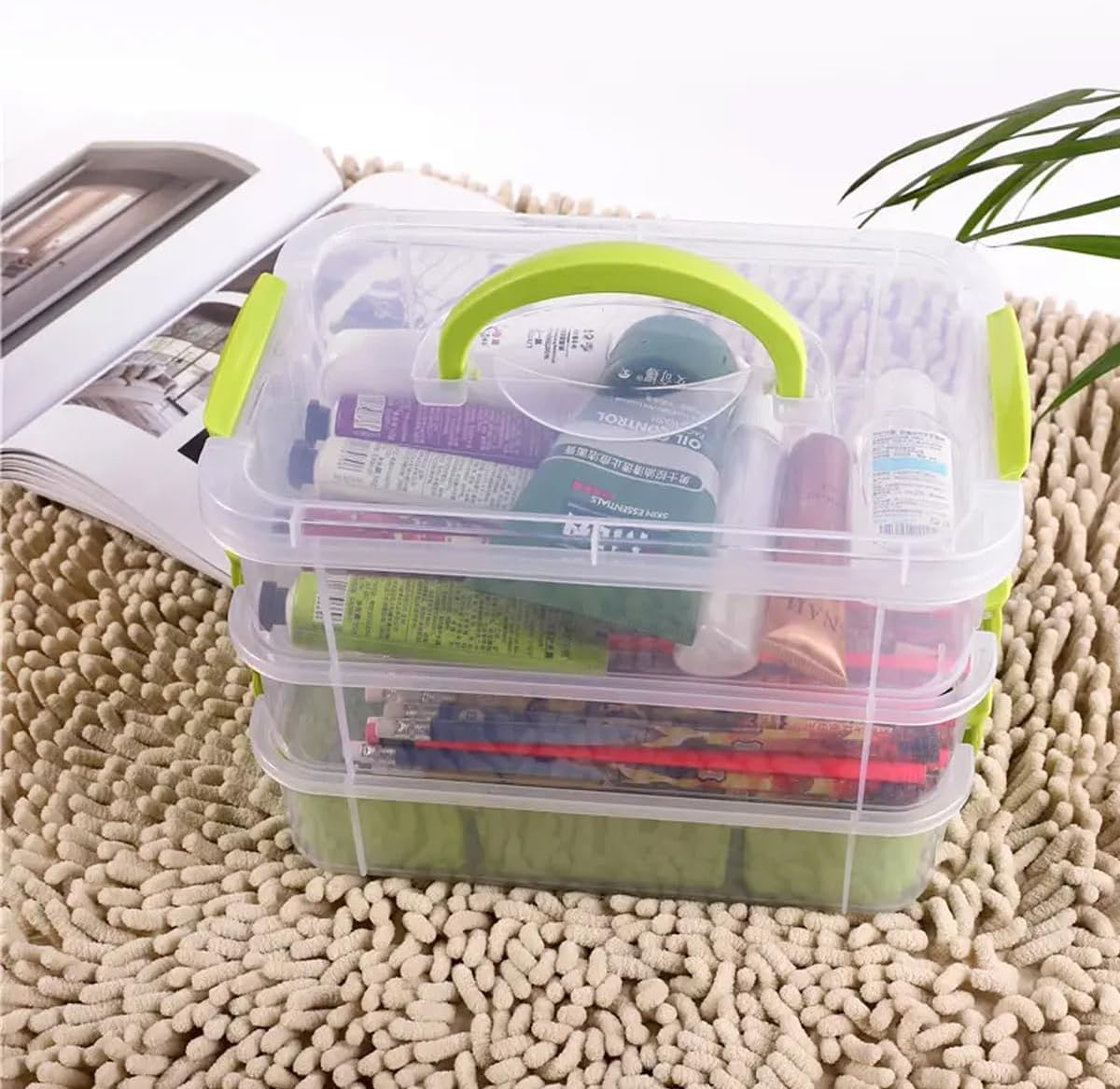 AIMALL 3-Layer Small Storage Box with 1 Inner Compartment, Green,  & Toy Organizer, Stackable Drawer for Toys and Small Parts, 10.23X6.96X7.48 Inches image number 6