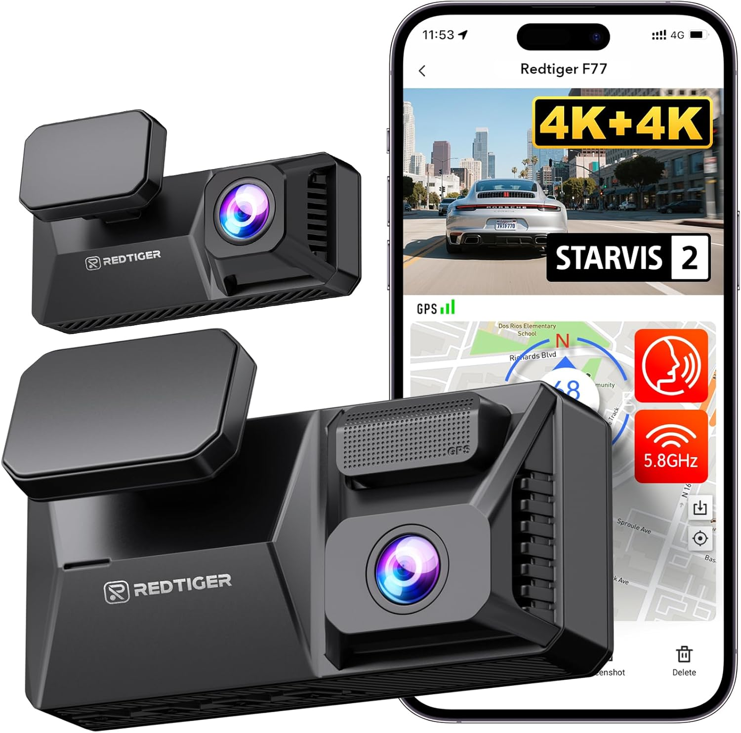REDTIGER F77 4K+4K HDR Dash Cam Front and Rear, Dual STARVIS 2 IMX678 Sensor, 5.8Ghz Wifi Car Camera with 128GB Emmc Storage, Voice Control, 4'' Touch Screen, 24H Parking Mode image number 3