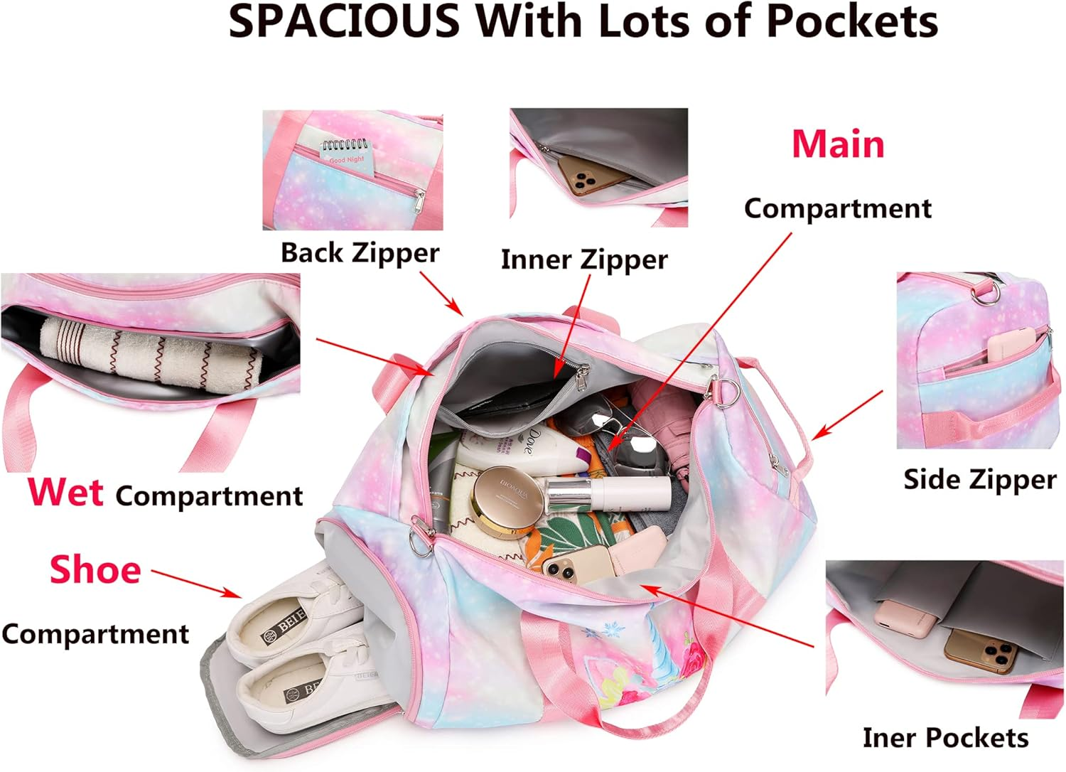 Sports Gym Bag Dance Bag Carry on Weekender Bag for Girls Teen Women, Waterproof Travel Duffle Bag with Wet Pocket and Shoe Compartment, Tiedyepink, Bag Only