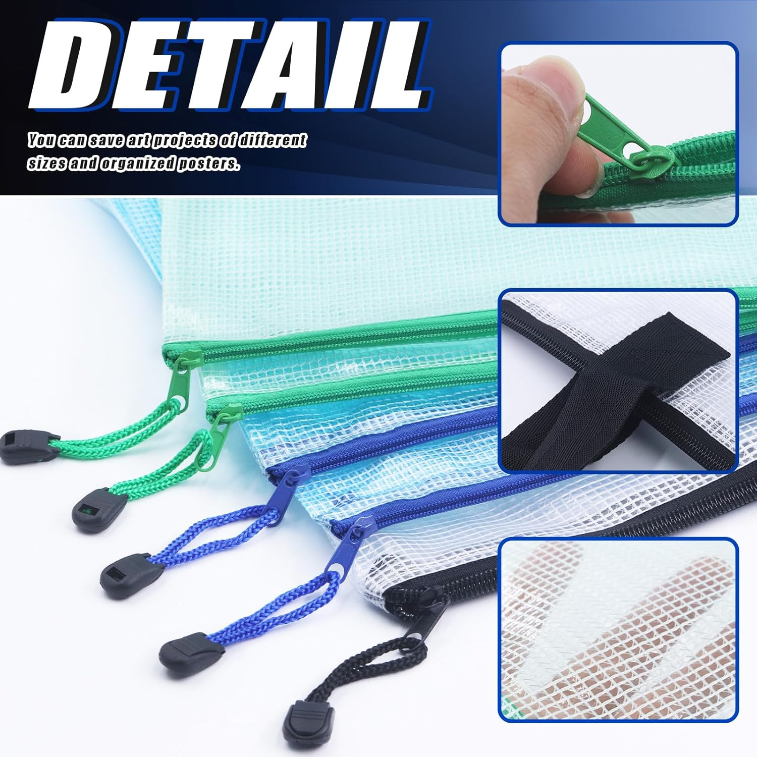 Glarks 7Pcs Art Portfolio Bag Set, 3Pcs 19 X 25 Inch Poster Storage Bag Organizer Transparent Bag with Zipper and Handle and 4Pcs A3 A4 Mesh Zipper Pouch Art Supply Bag Set for Artwork Bulletin Board