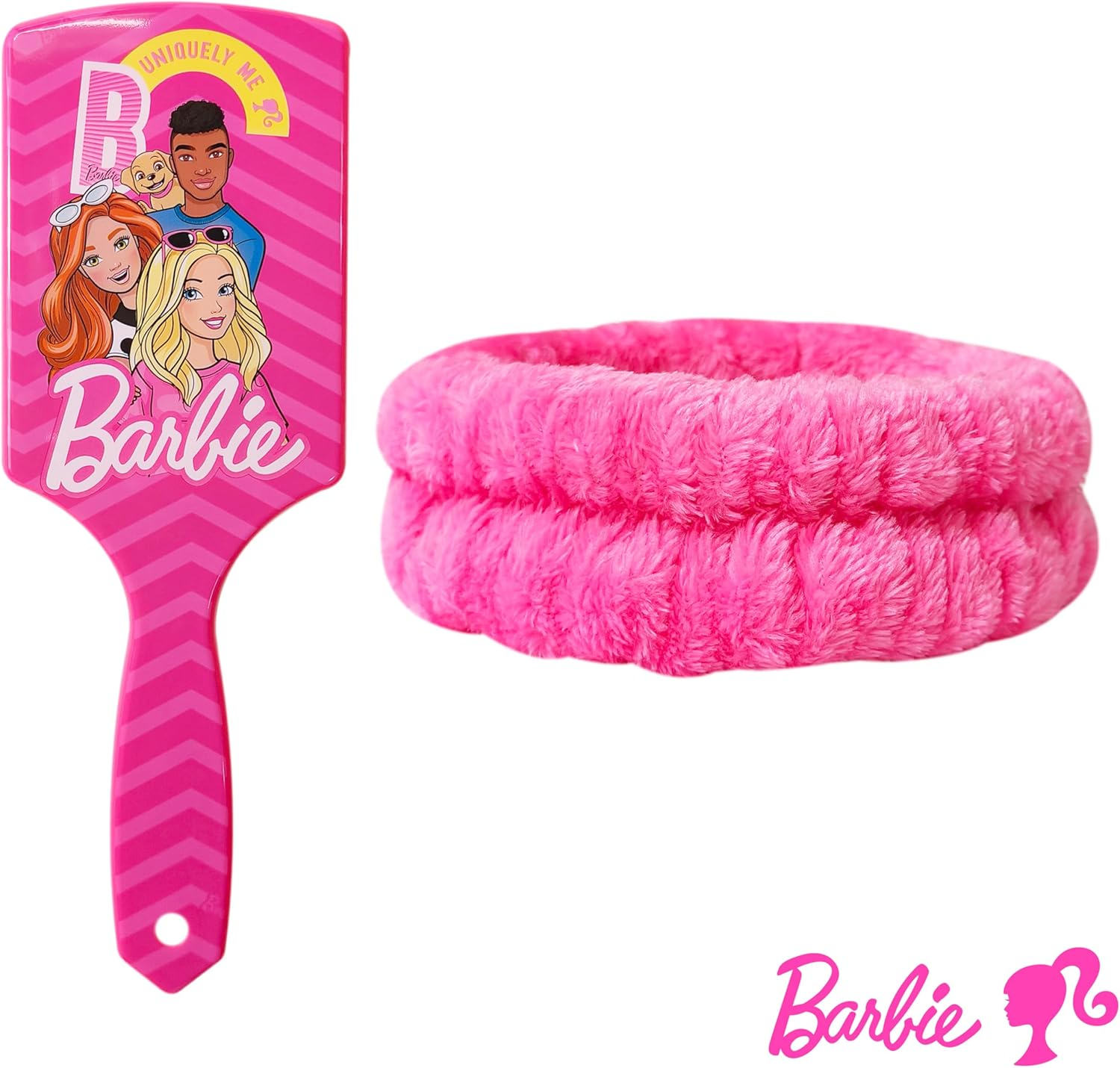 LUV HER Kids Hair Brush & Spa Headband Set for Girls - Features Barbie - Fun Grooming Kit for Detangling, Styling & Skincare - Soft & Stretchy One Size image number 1