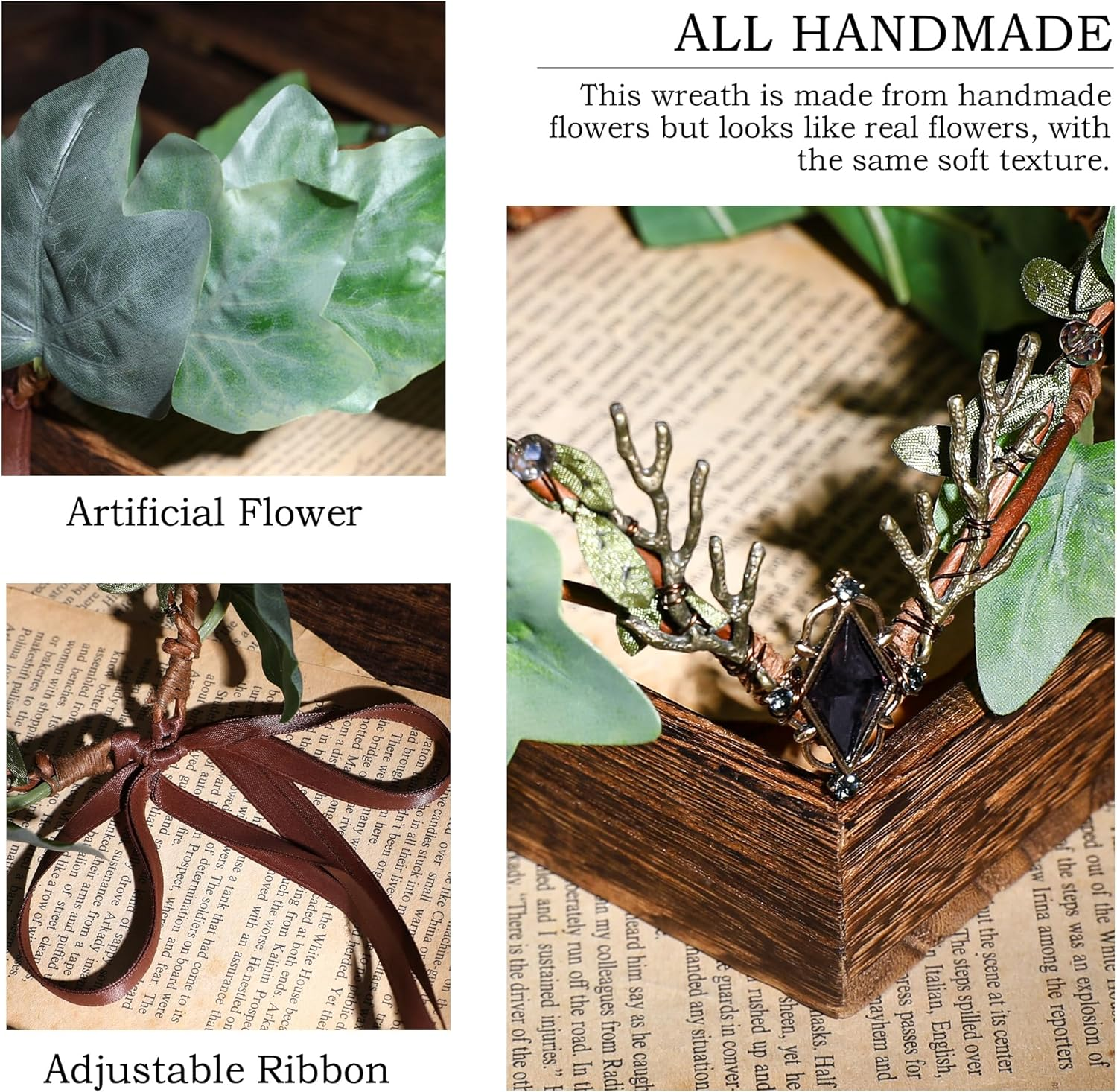 MOSTORY Forest Leaf Fairy Crown - Floral Elf Crown Forest Headwear Green Leaf Headband for Women Renaissance Masquerade Cosplay Halloween Renfaire Accessories Forest Wedding image number 4