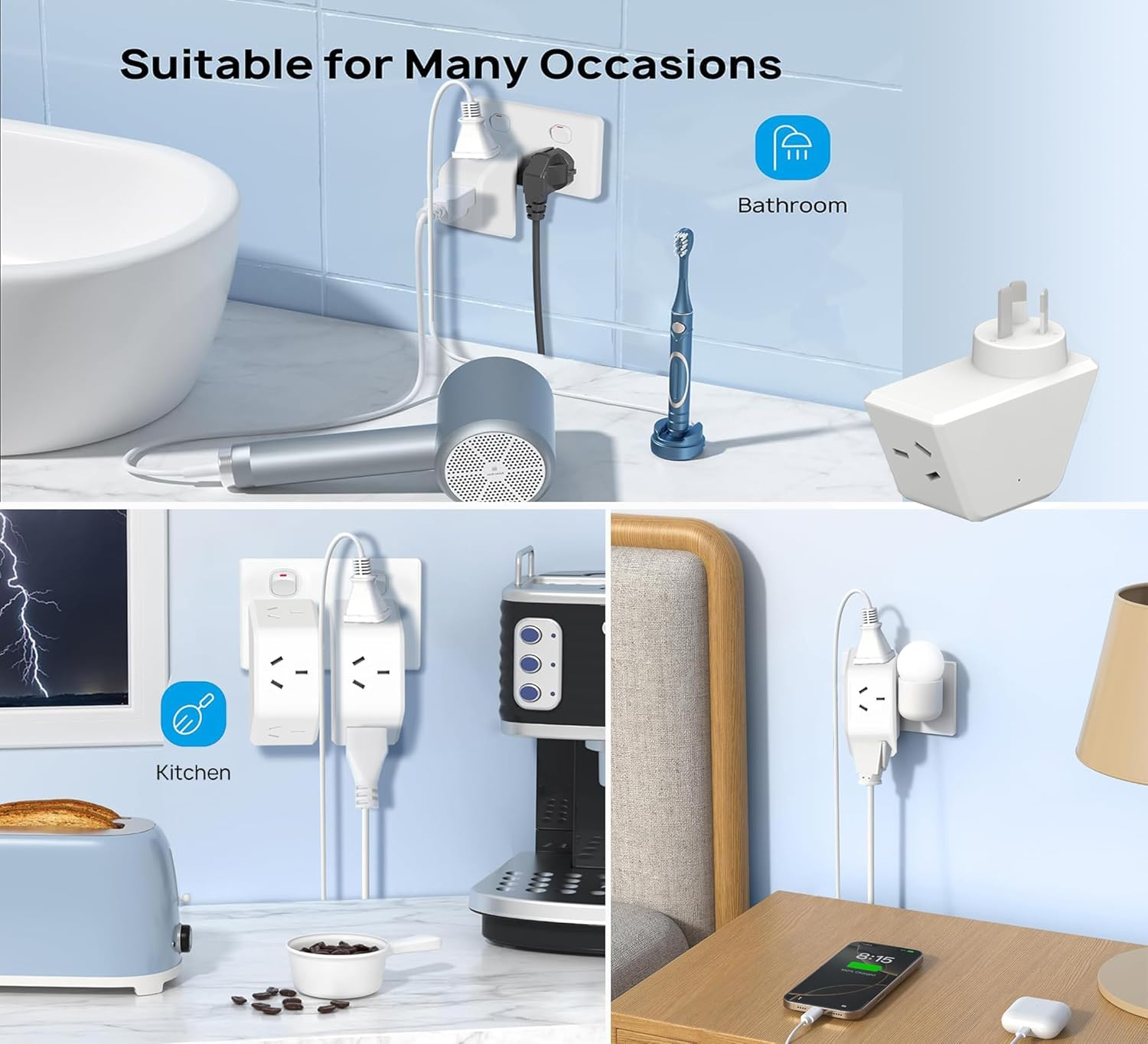 3In1 Outlet Extender, 3 AC Outlets Power Board, 3 Way Socket, No-Bloacking Multi Plug Power Strip, Compact Travel Adapter for Bathroom, Kitchen, Bedroom, Hotel, Office, Cruise (2-Pack) image number 4