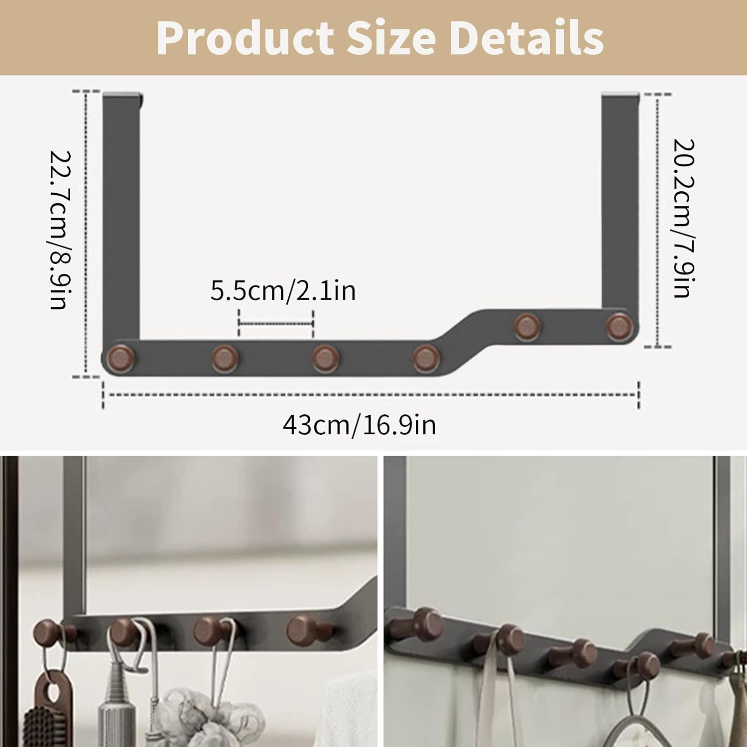 Over the Door Hooks Hanger for Clothes with 6 Wooden Door Hooks Sturdy Towel Rack Heavy Duty Coat Hooks on Back of Bathroom Bedroom Closet Doors for Hanging Clothes Hat Towels Umbrellas Key (Grey)