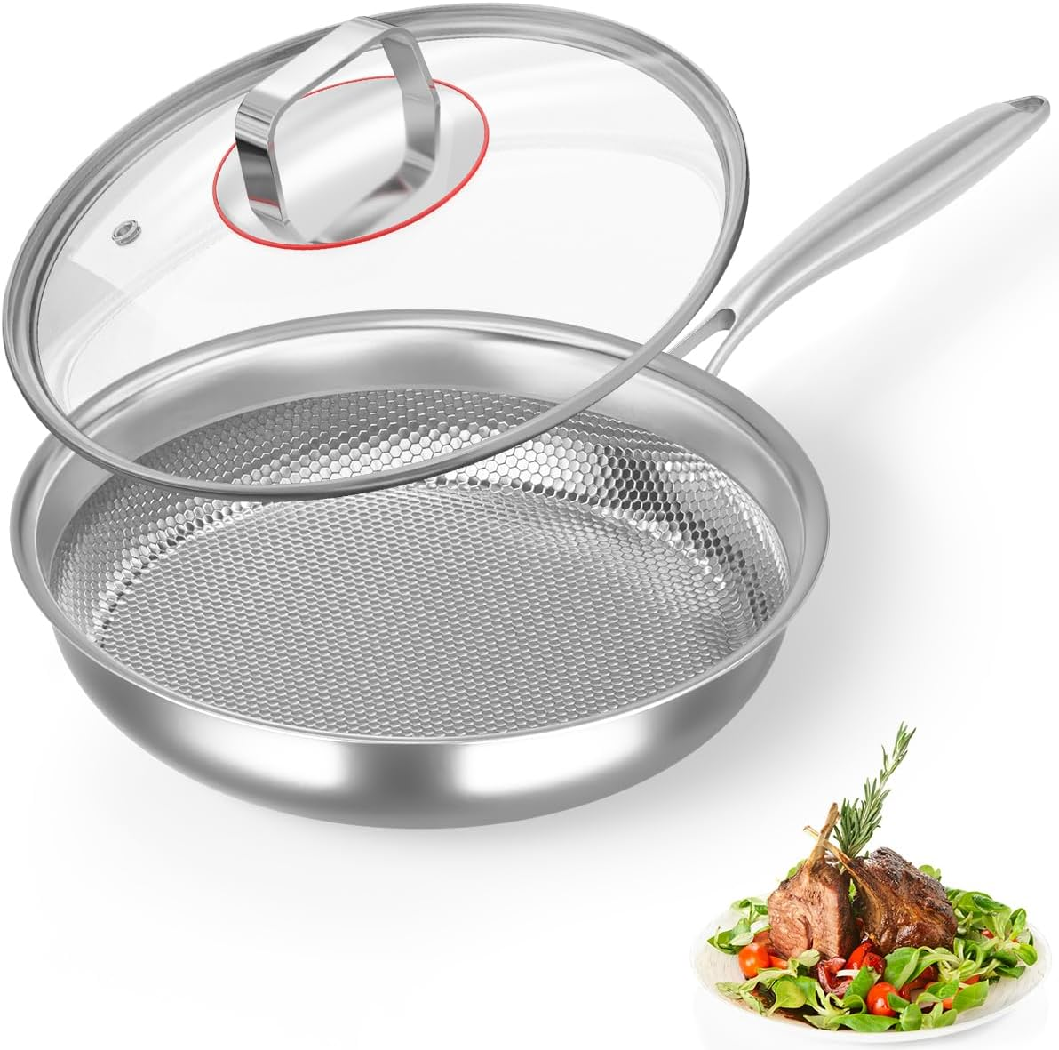 Stainless Steel Frying Pan 28Cm, 5-Ply Non Stick Fry Pan with Lid, Titanium Pans for Cooking No Coating, Non-Toxic, PFOA/PFAS Free, Suitable for Induction, Gas, Electric Cooktops