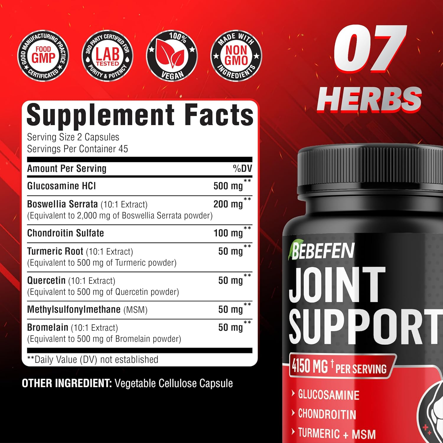 Joint Support Supplement 4150 Mg Equivalent with Glucosamine Hcl, Boswellia Serrata, Chondroitin Sulfate, Turmeric Root, Quercetin, MSM, Bromelain - 90 Capsules image number 3