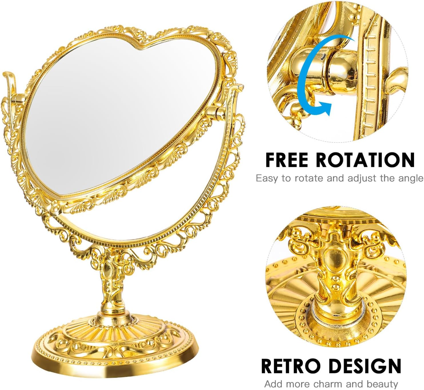 TEHAUX Vintage Heart-Shaped Desktop Makeup Mirror with Stand, Double-Sided Cosmetic Countertop Mirror in Gold, Suitable for Bathroom and Bedroom Vanity Use image number 5