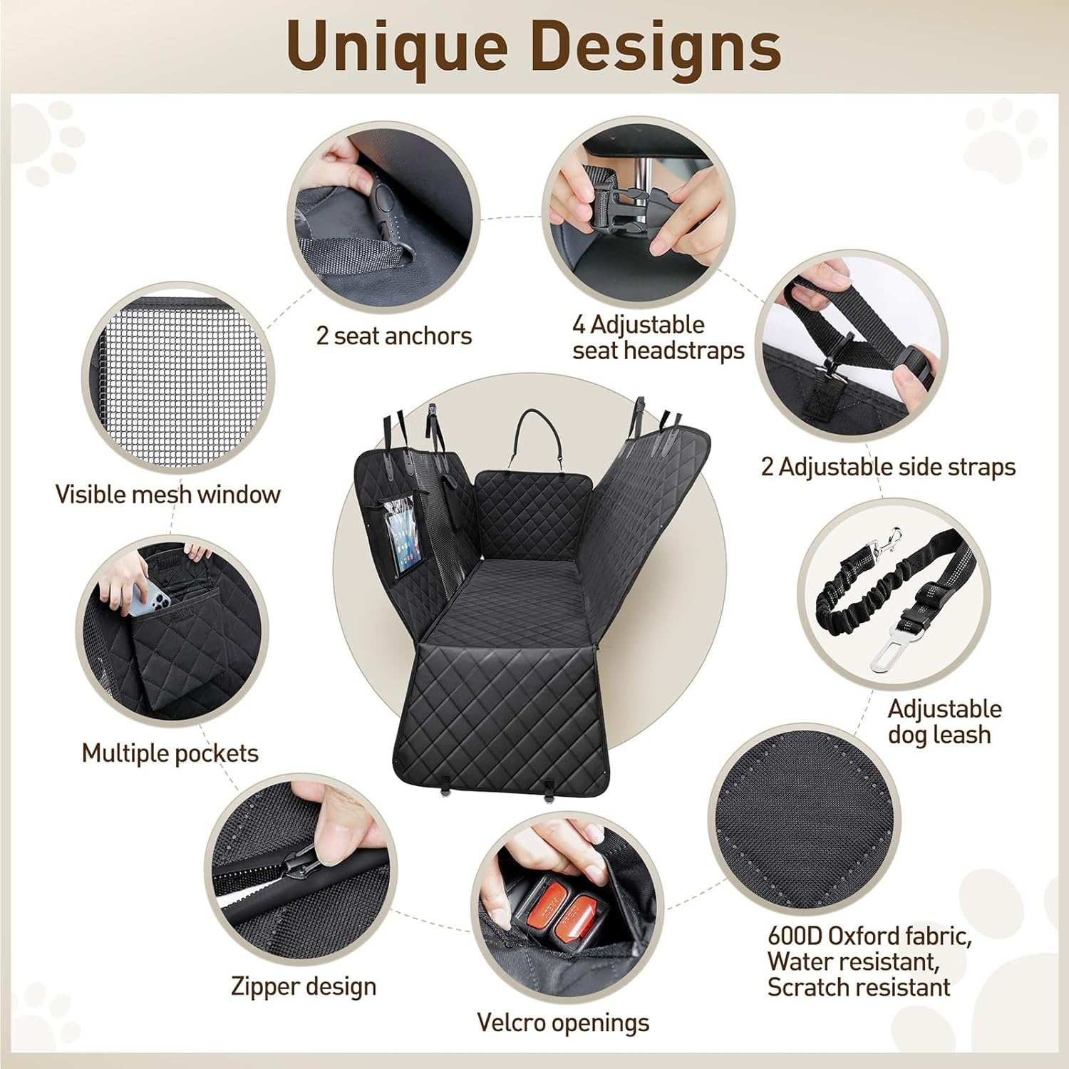 Gimars Extra Large 5 in 1 Dog Car Seat Cover for Back Seat Sturdy Zippers 600D Waterproof, 6 Layers Heavy Duty Scratchproof Pets Dog Seat Cover Nonslip for Cars Trucks SUV