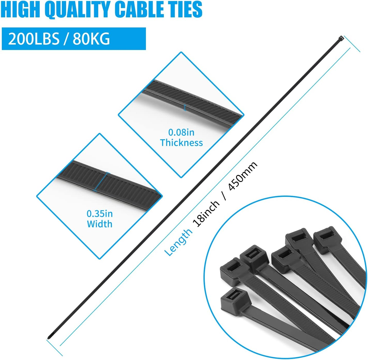 Armpow 18 Inch Black Zip Ties Heavy Duty 100 PACK, 200 LBS Ultra Exclusive Strong Plastic Wire Ties, Large Cable Ties Extra Long Tie Wraps, Indoor and Outdoor UV Resistant image number 5