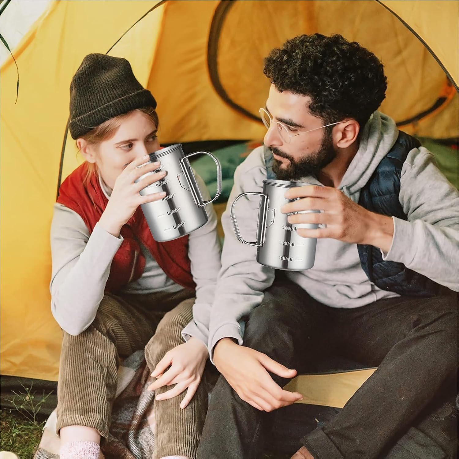 Glomora Stainless Steel Camping Mug, Stainless Steel Camping Cup Pot, Outdoor Mug with Folding Handle, Lid Scale - Ideal for Camping, Hiking, Backpacking (500 Ml) image number 5