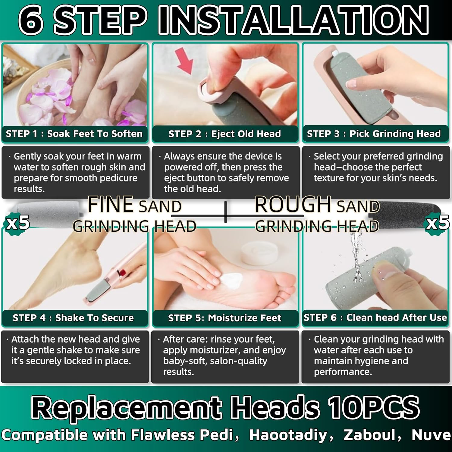 10 Pack Pedicures Replacement Heads for Flawless Replacement Heads，Electric Feet Callus Remover Roller Refills，Compatible with Flawless Pedi，Haootadiy，Zaboul，Nuve (5 Black Coarse and 5 Gray Fine)