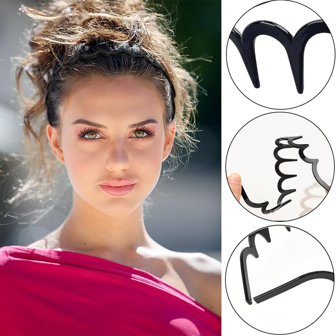 GGUFAY Women'S Headbands, Set of 4, Wavy Hair Accessories with Plastic Teeth, for Everyday Use, Fitness, Party (Black, Brown, Snake Pattern Grey) image number 3