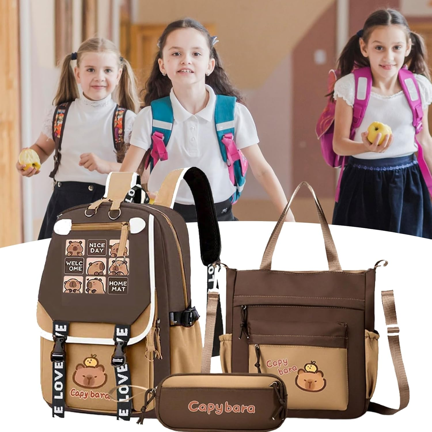 Gupcaqosjw Backpack for Girls,Cute Junior High School Capybara Bookbag - Stylish Children Bookbag with Messenger Bag and Pencil Case for Textbooks Water Cups Stationery Pen Tissue - B image number 3