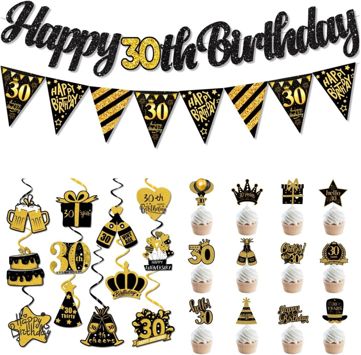 Black and Gold 30Th Birthday Party Decorations Happy Birthday Banner with Hanging Swirls and Cake Topper Ceiling Streamers Decor for Birthday Party Supplies (30Th) image number 1