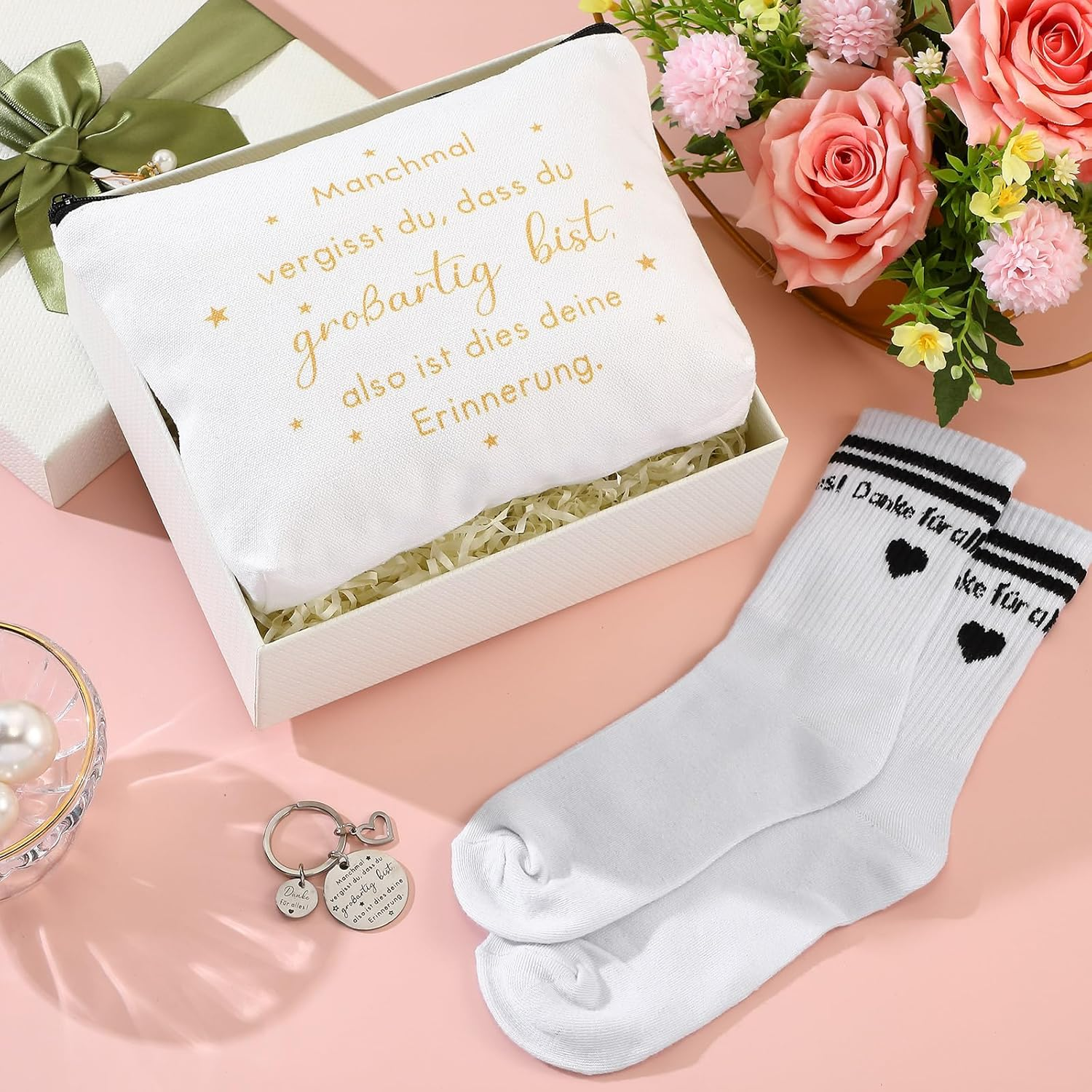 Xuniea 3-Piece Leaving Gift for Colleague Thank You Gifts Set Inspirational Cosmetic Bag Keyring Colleagues Thank You for All Socks Gift for Leaving Retirement Job Change, White, Fashion image number 4