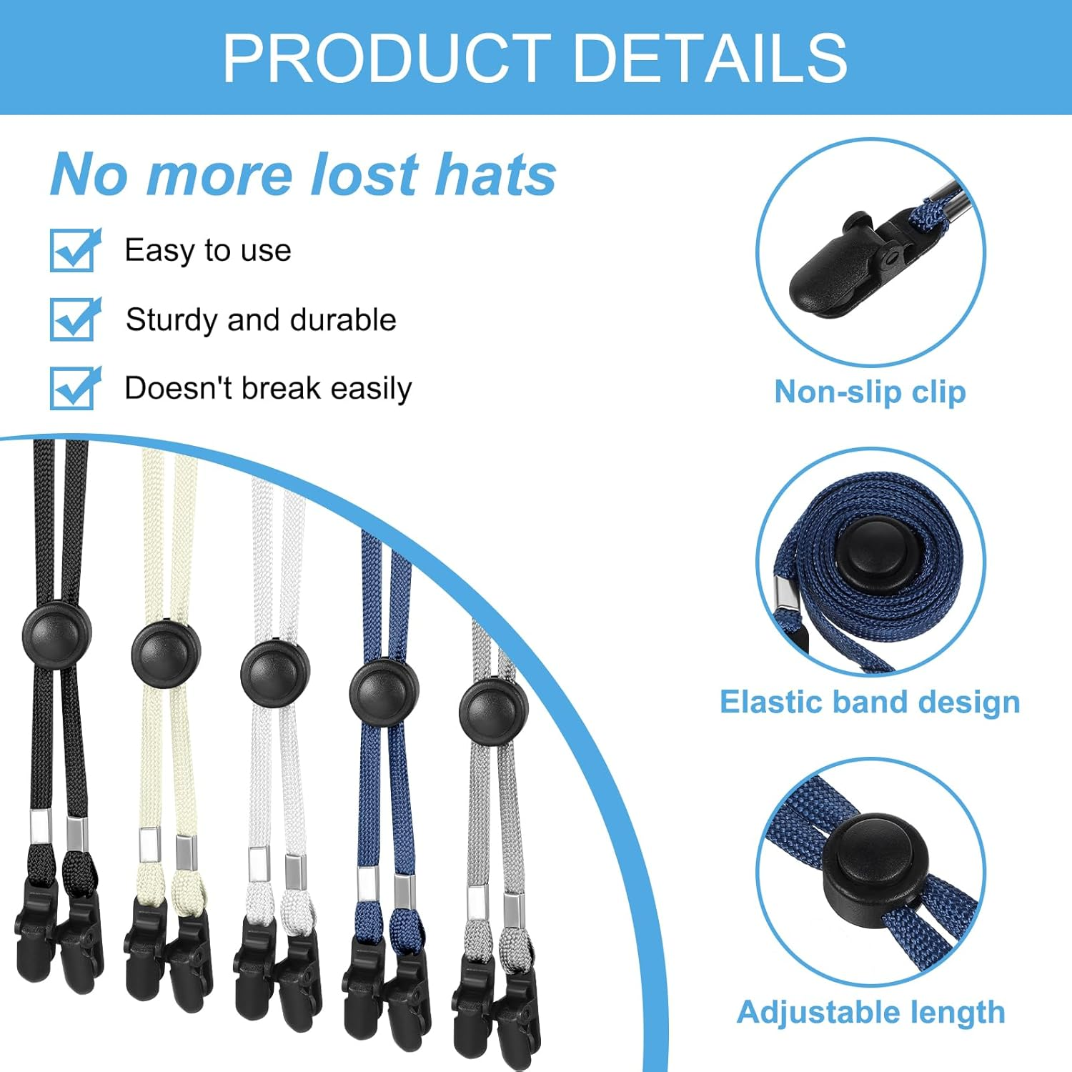 5Pcs Adjustable Hat Strap Clips, Windproof Removable Chin Strap Strap for Hat with Retainer Clip & Cord Lock, Anti-Lost Sun Hat Cap Clips Chin Cord Straps for Golfing Travel Boating Fishing, Black, image number 4