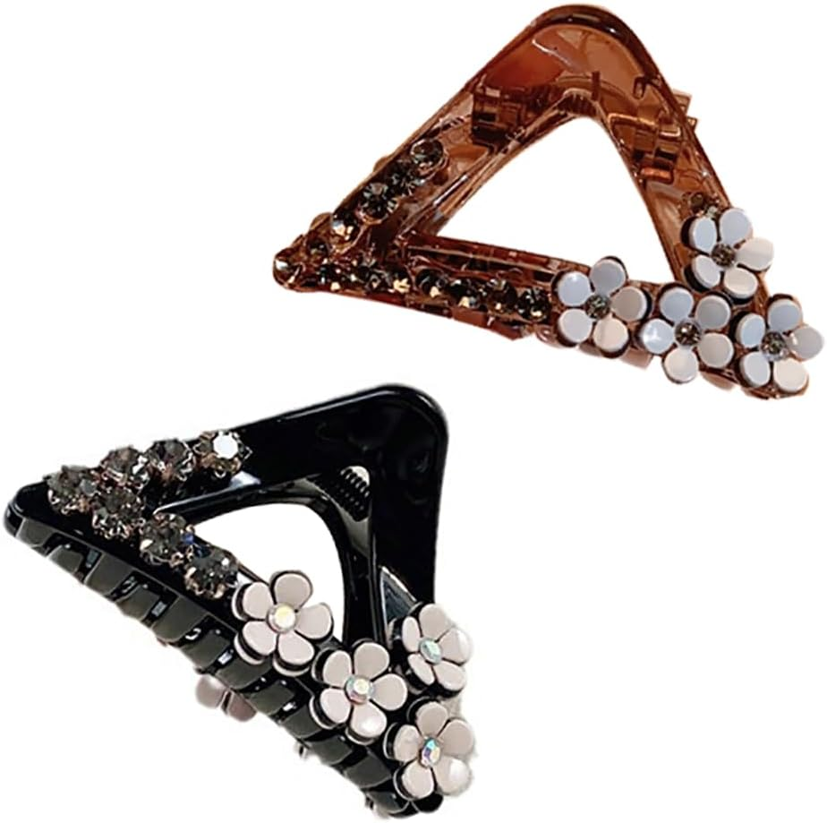 Mini Hair Claw Clip Rhinestone Triangle Crab Hair Clip Tiny Hair Jaw Clips Barrettes Non Slip Hair Bow Grip Flower Hair Accessories for Women Ladies 2Pcs
