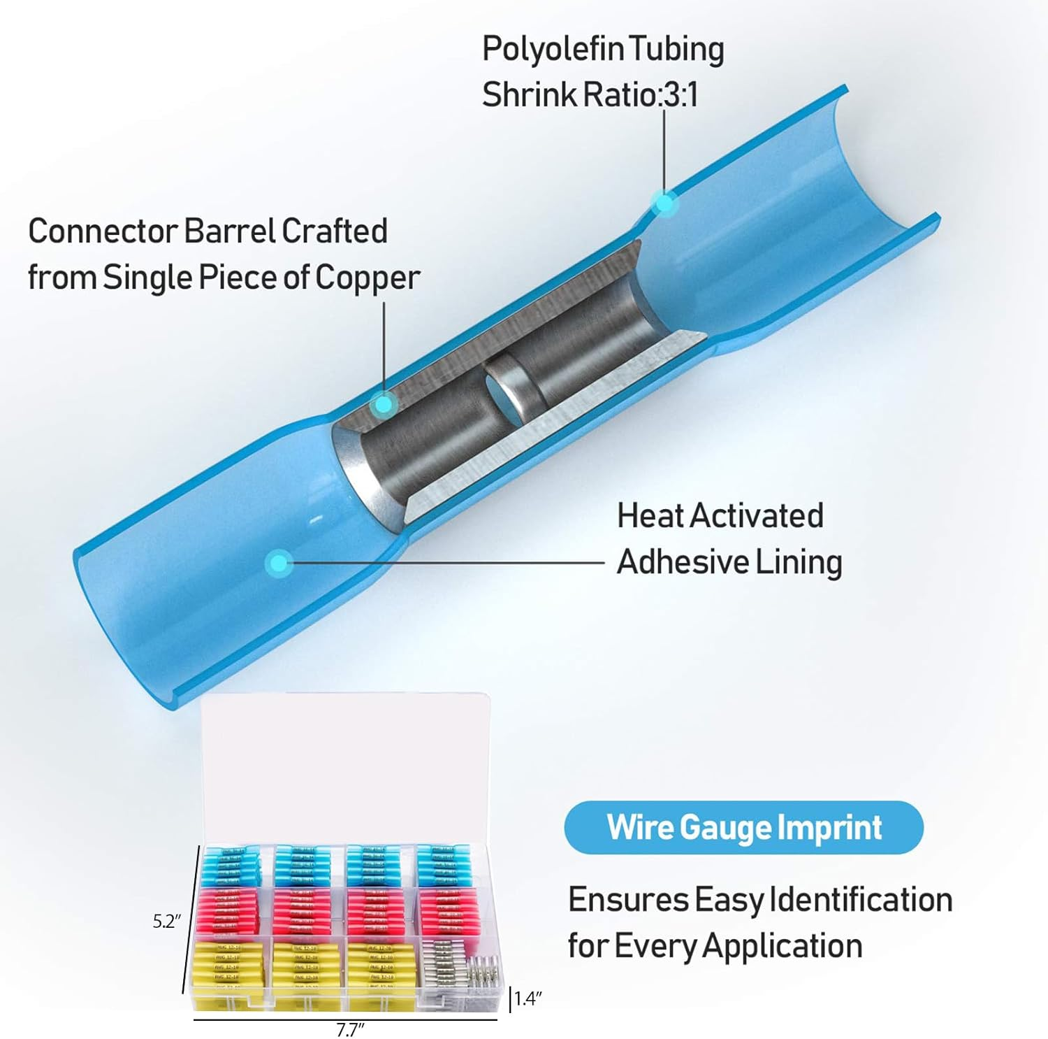 210Pcs Heat Shrink Butt Connectors, Marine Grade Waterproof Electrical Crimp Wire Connectors Kit-Tinned Red Copper Insulated, for Boat, Truck, Stereo, Joint(4 Colors/4Sizes) image number 3