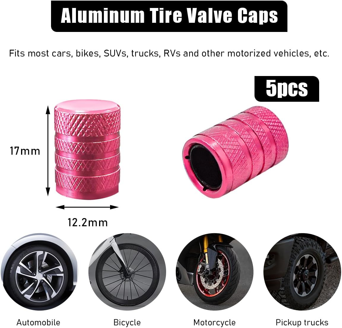 5 PCS Car Tire Valve Stem Caps, Aluminum Auto Wheel Stem Cover with O Seal, Corrosion Resistant Vehicle Tire Air Caps for Truck Motorcycle Bike, Universal Car Accessories (Pink) - Golden image number 2