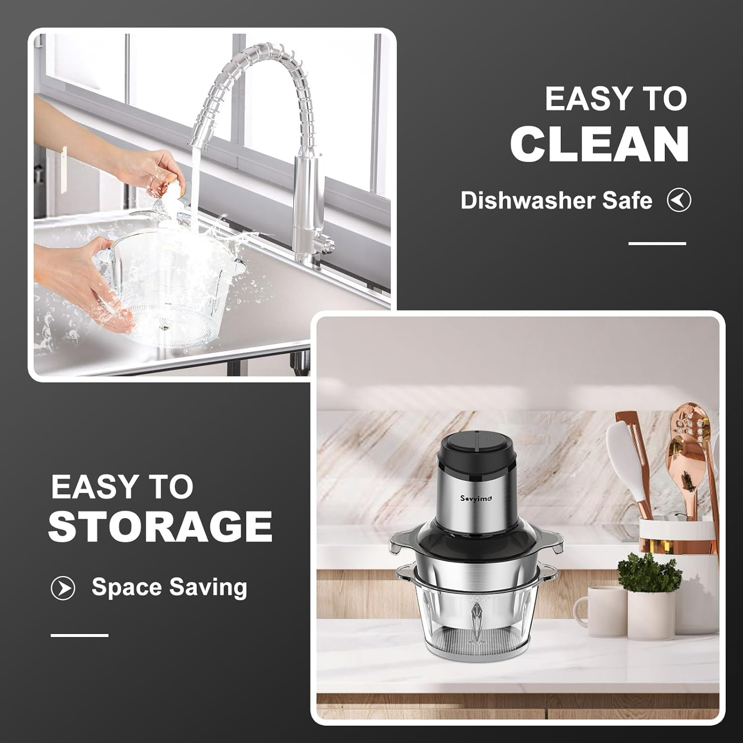 Sovyime Food Processor with 2 Bowls(2L+2L), Food Chopper with 2 Sets Bi-Level Blades, Mini Food Processor Vegetable Chopper Meat Grinder for Kitchen Electric Mini Chooper for Onion Salad Garlic Fruit image number 2