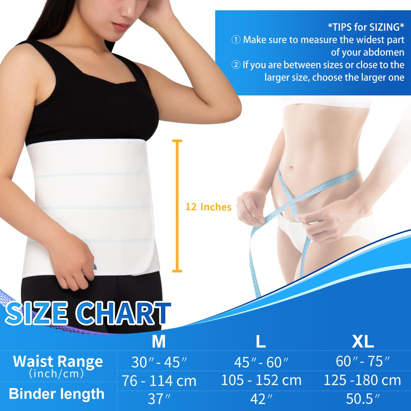 S Abdominal Binder Post Surgery for Men and Women, 12" High Postpartum Tummy Tuck Belt Provides Bariatric Stomach Compression, High Elasticity, Breathable - (30" - 45") 4 Panel