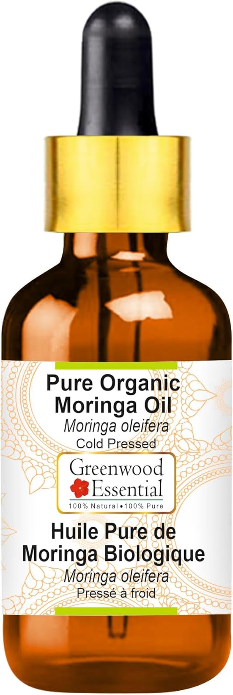 Greenwood Essential Pure Organic Moringa Oil (Moringa Oleifera) with Glass Dropper Cold Pressed 30Ml (1 Oz)