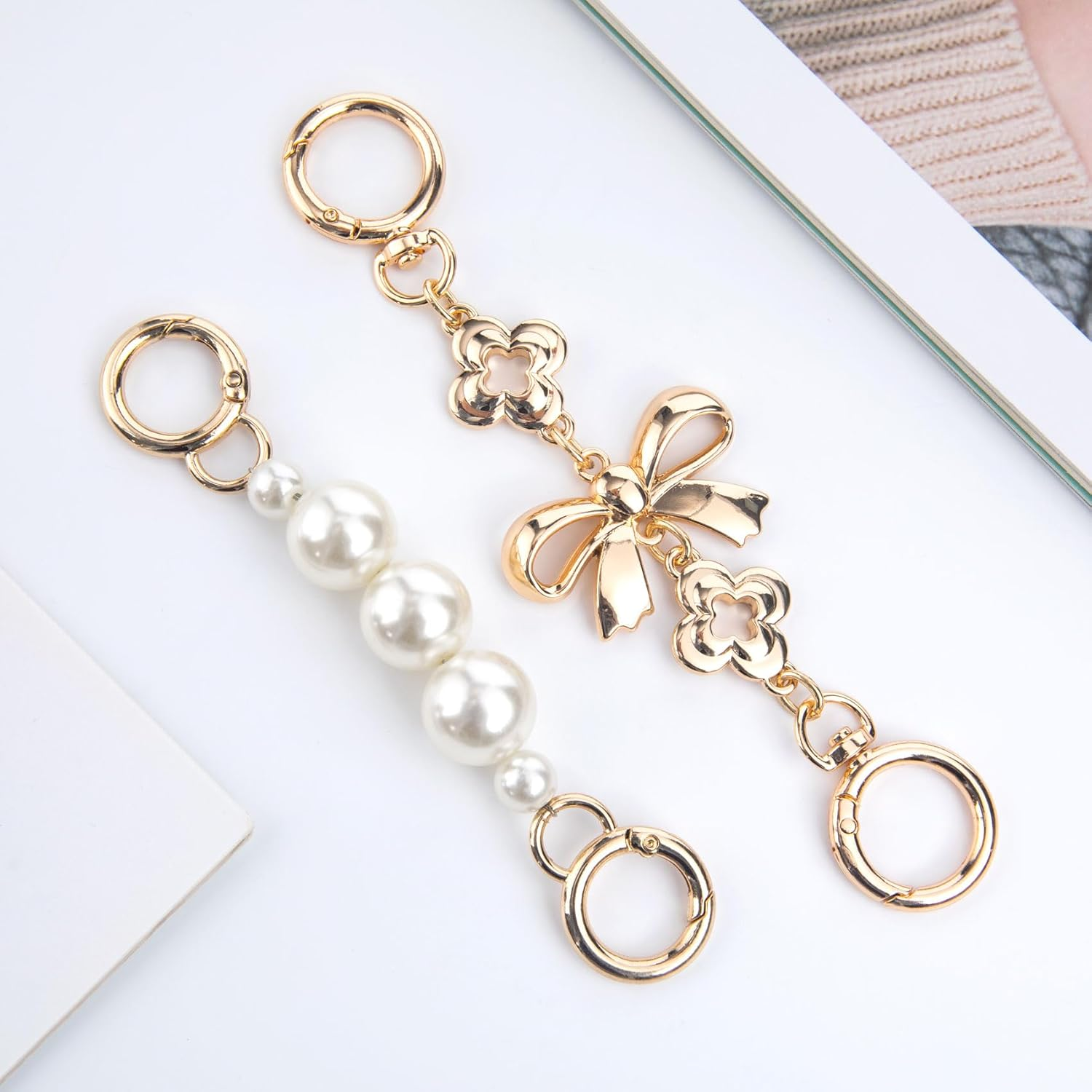 2 Pcs Gold Bow Bag Extender Chain, Metal Pearl Extender Chains, Bow Pattern Purse Strap Replacement, Wallet Extender Chain Decoration for Purses, Bags, Wallet image number 1
