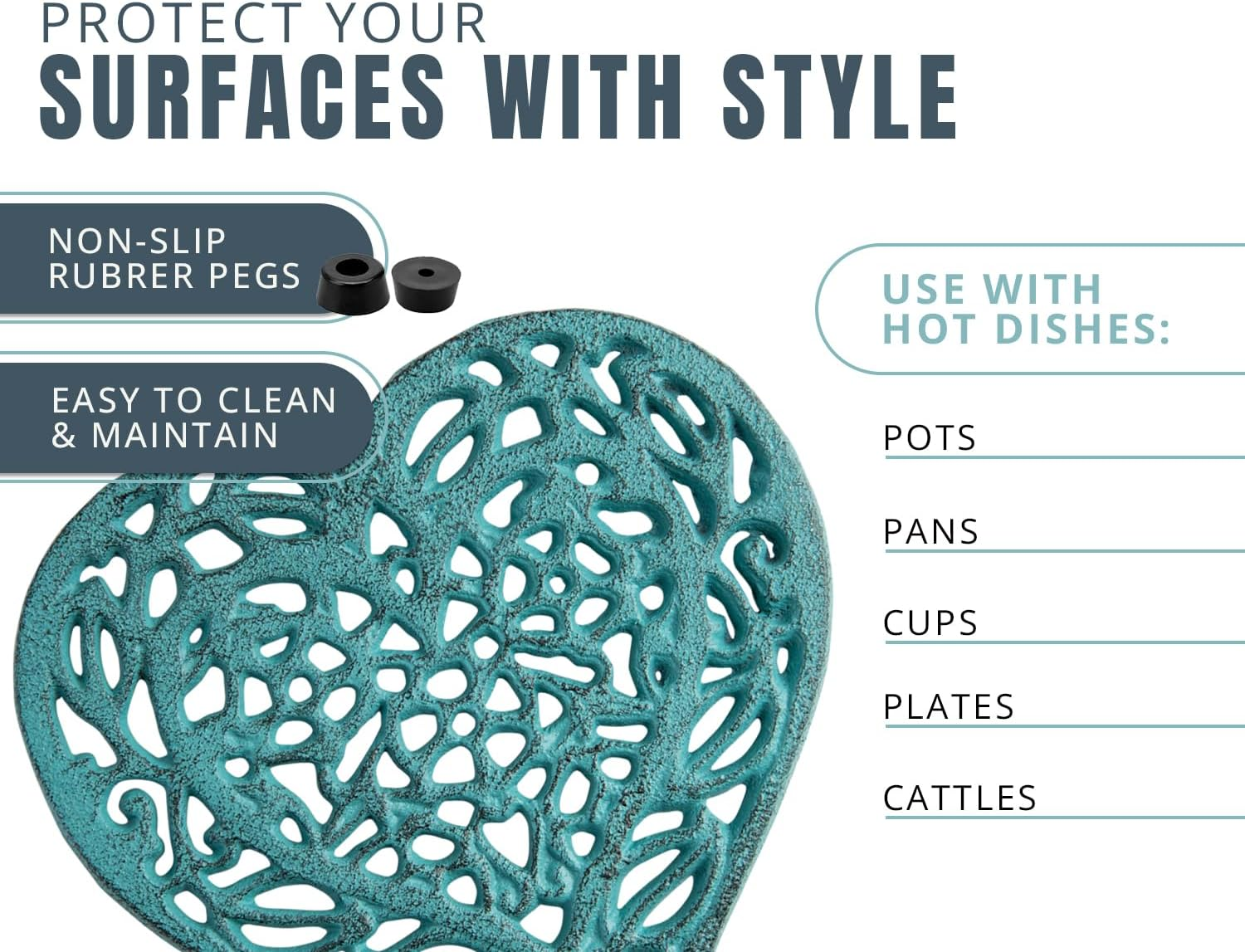 Cast Iron Heart Trivet - Decorative Cast Iron Trivet for Kitchen or Dining Table - Vintage, Rusted Design - 6.75X6.5" - with Rubber Pegs/Feet - Recycled Metal - Blue image number 1