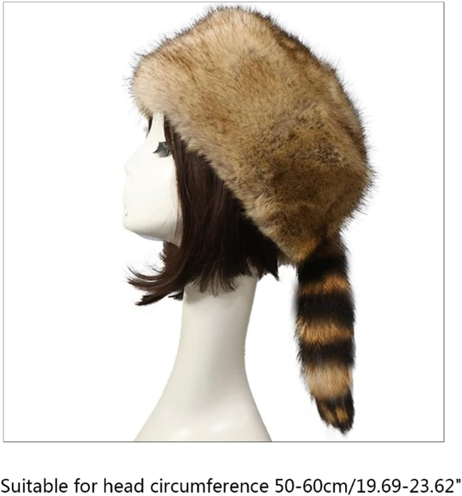 Faux Fur Raccoon Tail Hat for Women Men, Faux Coonskin Cap with Tail Flat Top Winter Hat, Raccoon Tail, One Size image number 3