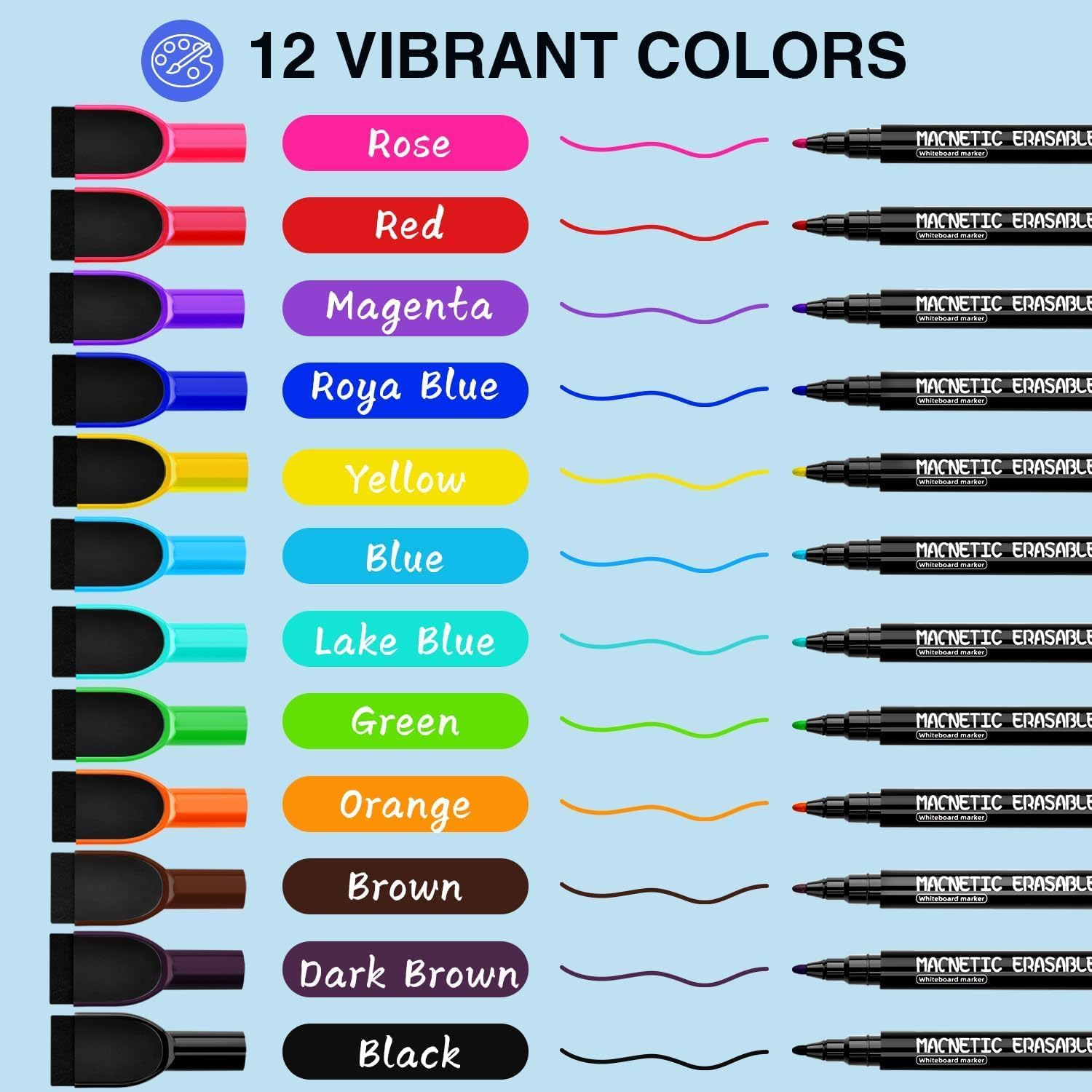 Magnetic Dry Erase Markers Fine Tip - 12 Colors Whiteboard Markers with Eraser Cap, Low Odor Thin Dry Erase Markers for Kids Teachers, Work on White Board & Calendar, Refrigerator, Kids Gift