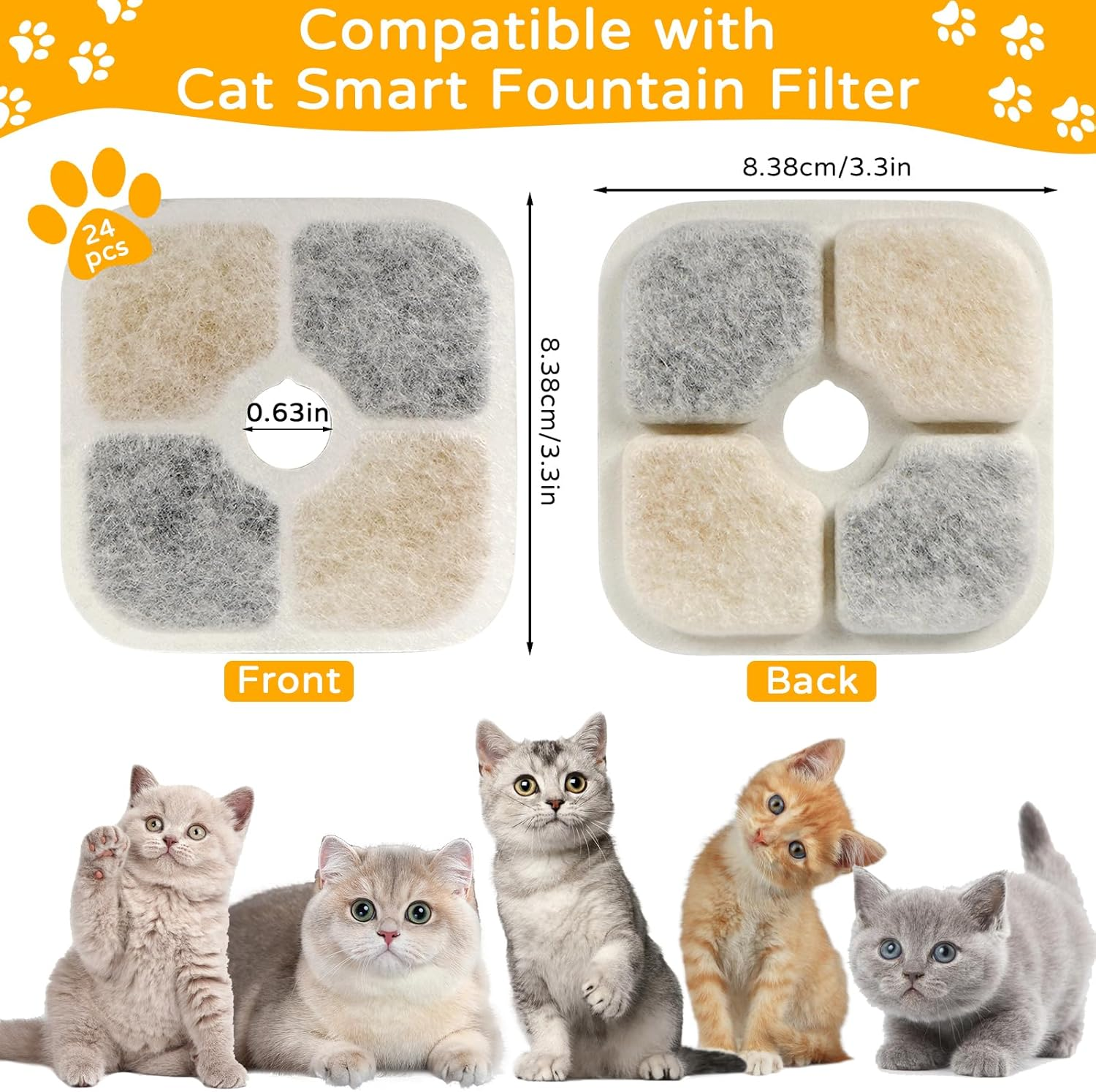 Pack of 24 Cat Fountain Filters, Replacement Filter 2.5 L Drinking Fountain for Cat Filter, Three-Layer Filtration System, Cat Drinking Fountain Filter with Resin Activated Carbon image number 2