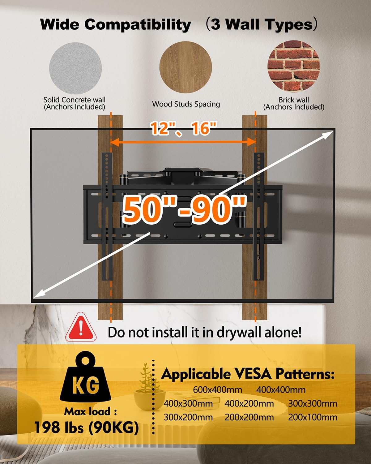 FORGING MOUNT Long Extension TV Mount for 50-90Inch Tvs, Heavy Duty TV Wall Mount with 108Cm Dual Arm, Full Motion TV Bracket Holds up to 90KG,VESA 600X400Mm Compatible,Includes Level and Cable Ties image number 4