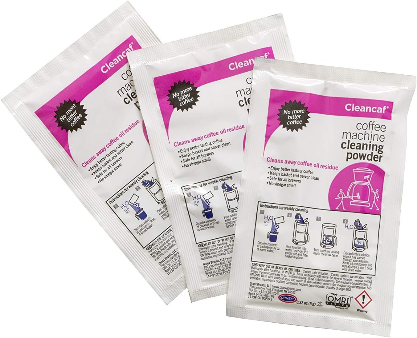 Urnex Coffee Maker and Espresso Machine Cleaner Cleancaf Powder - 3 Packets - Safe on Keurig Delonghi Nespresso Ninja Hamilton Beach Mr Coffee Braun image number 1