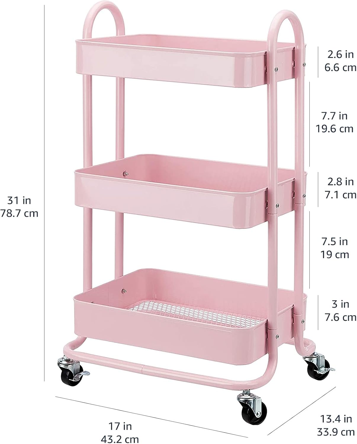 Amazon Basics 3-Tier Rolling Utility or Kitchen Cart - Dusty Pink image number 2