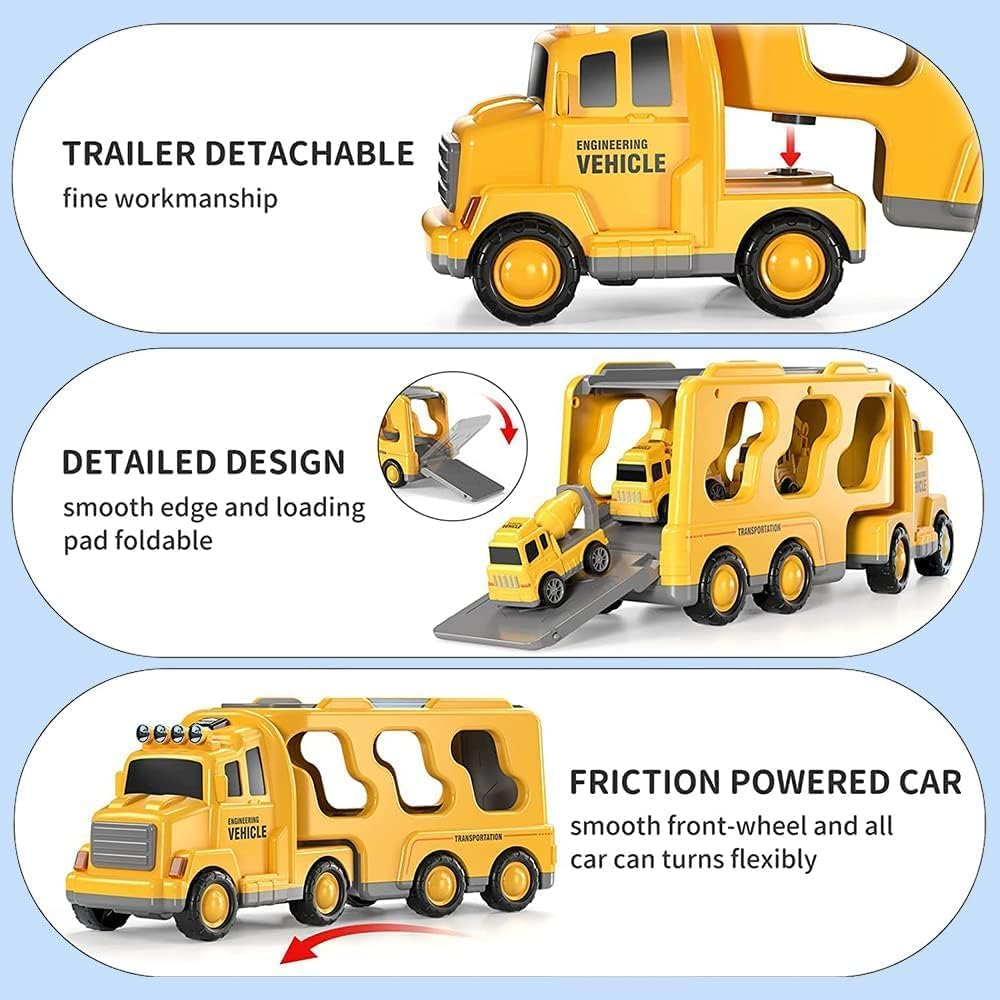 Construction Toddler Truck Toys for 3 4 5 6 Year Old Boys 5-In-1 Friction Power Vehicle Car Toy for Toddlers 1-3, Carrier Truck Toys for Kids 3-5 image number 5