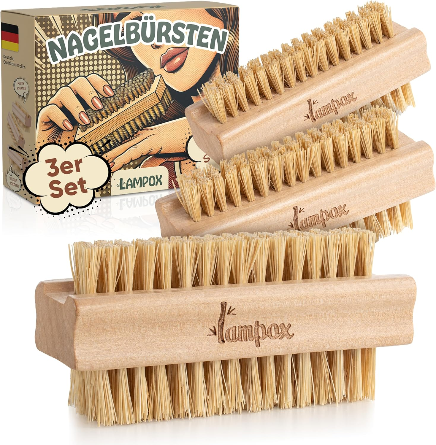 Lampox&reg; Wooden Nail Brush with Durable, Hard and Soft Bristles - Plastic-Free and Sustainable. Ideal as a Brush for Kids, Vegetable Brush, Root Brush, Finger Brush or Hand Wash Brush (3X) image number 6