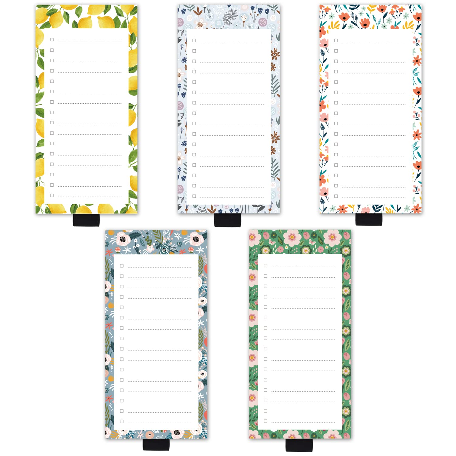 5 Pack Magnetic Lemons Bloom Daisy Scandi Notepads for Fridge with Pen Holder, 6" X 3", 50 Sheets, Magnet Memo Pad for Fridge, Locker, File Cabinet, to Do List, Grocery Shopping image number 1
