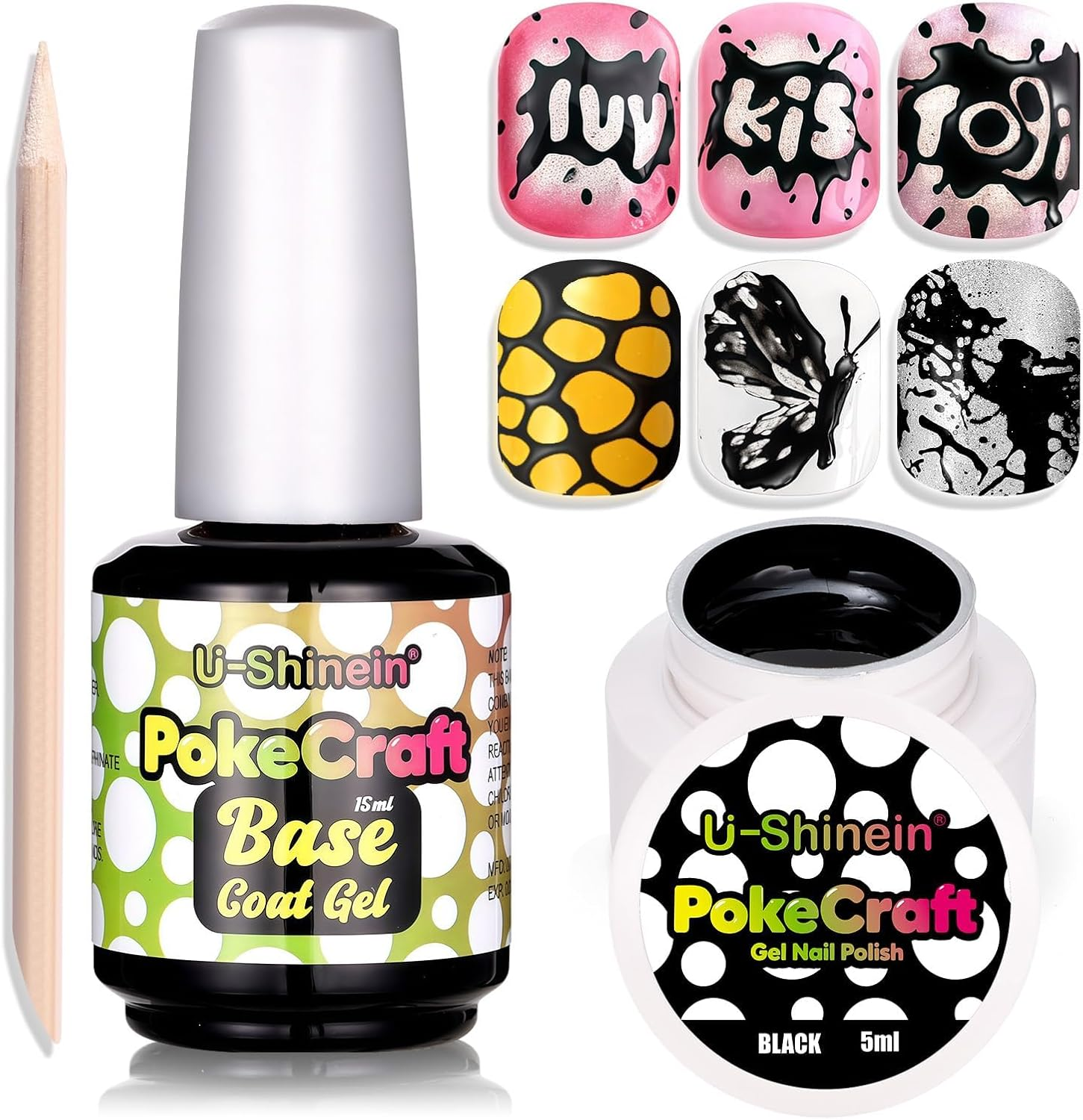 U-Shinein Multi-Functional White&Black Gel Nail Polish Set, with Base Coat&Orange Wood Nail Sticks Kit, Blooming Gel Spreading Magic Blossom Effect Pokecraft Gel Nail Polish Lace Patterns Manicure DIY