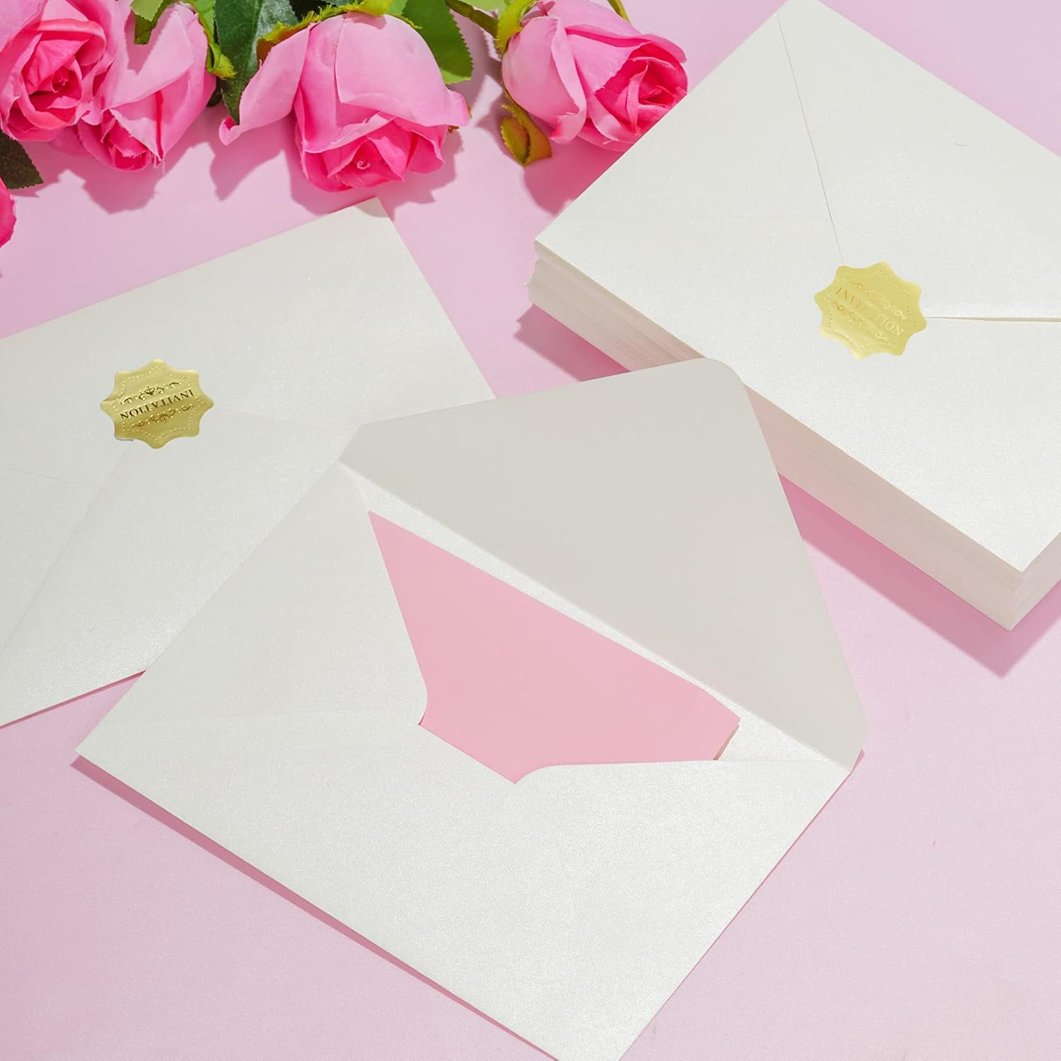 50Pcs A7 Pearl Envelopes Wedding Envelopes, Perfect for 5 X 7 Inch Wedding Invitation Cards Graduation Birthday Greeting Cards Thank You Cards Pearl Paper Luxurious (Pearl Ivory) - Pearl Blush Pink image number 3