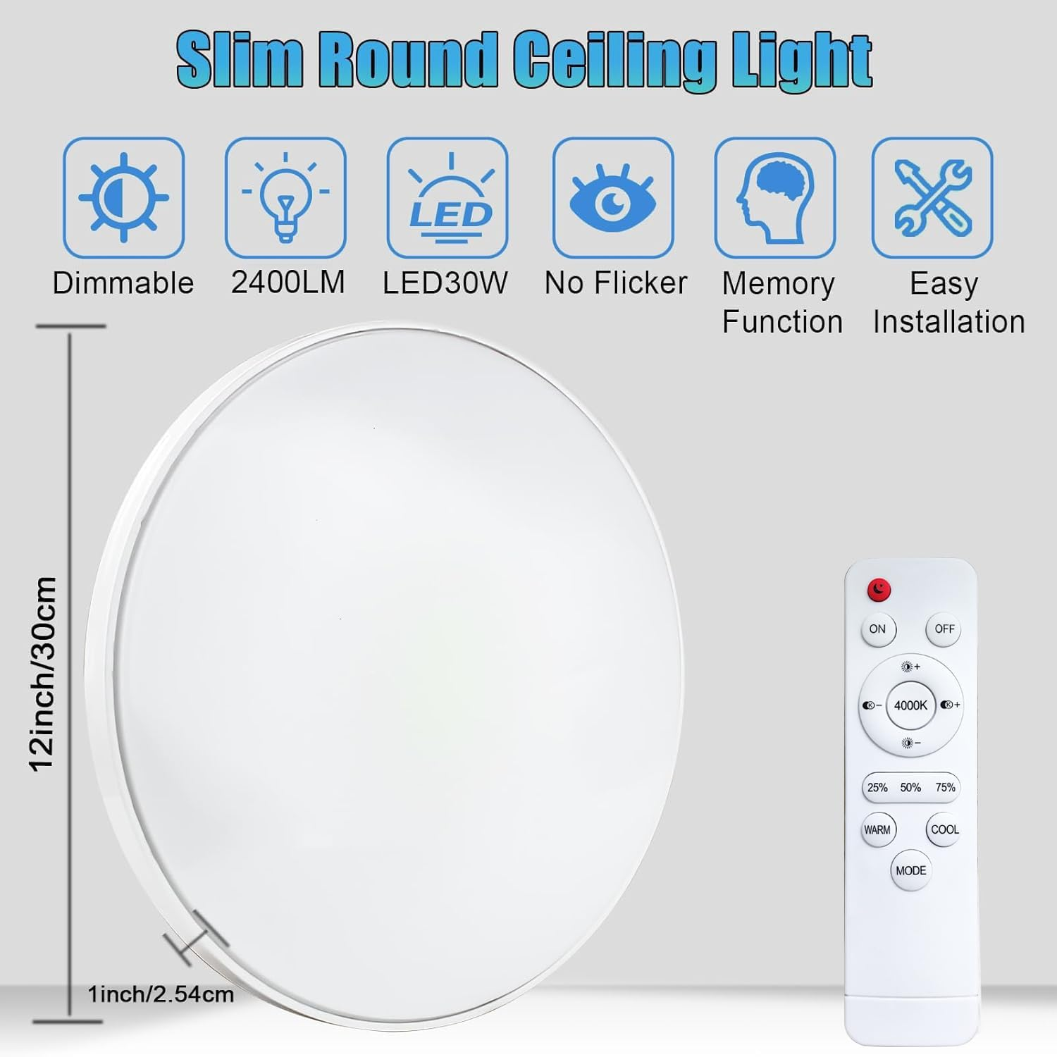 LED Flush Mount Ceiling Light Fixture, 12 Inch 30W round LED Ceiling Lights, Dimmable 3000K-4500K-6500K Selectable, for Bathroom Laundry Bedroom Hallway Livingroom Office image number 3