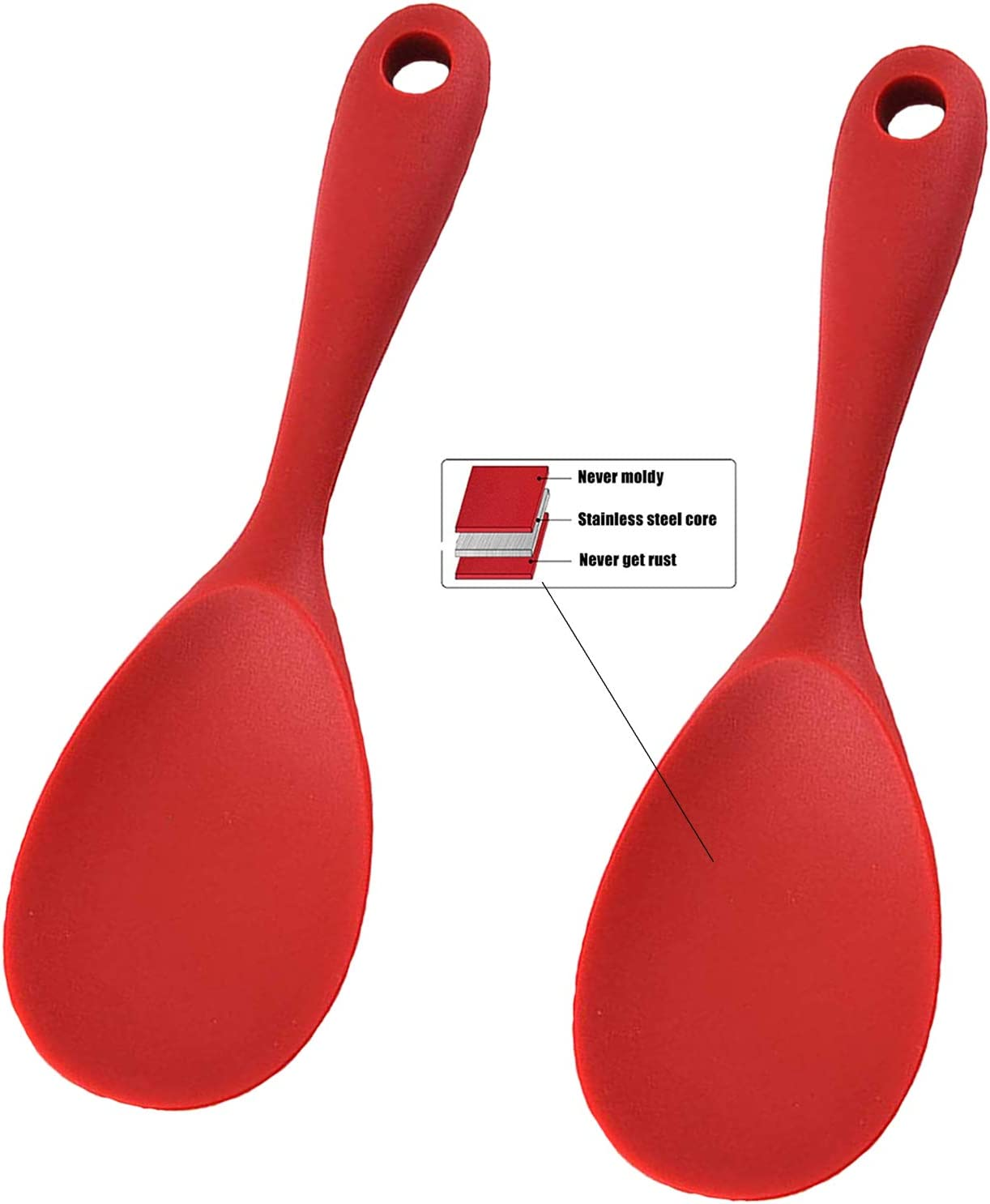 Silicone Rice Paddle Spoon Set of 2,Non Stick Heat Resistant to 446&deg;F Strong Steel Core,Kitchen Gadget,Dishwasher Safe,Works for Rice,Mashed Potato or More (Red)