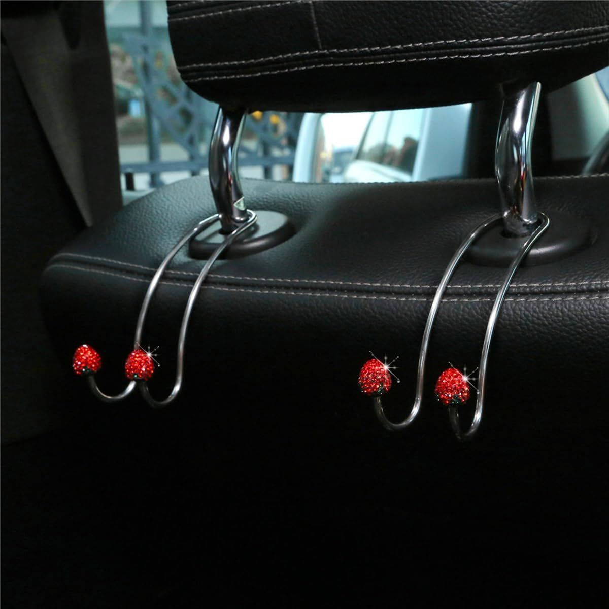 Strawberry Car Decor Hooks, 2 Pack Bling Diamond Seat Back Organizers, Auto Headrest Storage Hangers Hooks for Purse Handbag Clothes Grocery, Universal Car Accessories for Women (Red) - Red image number 2