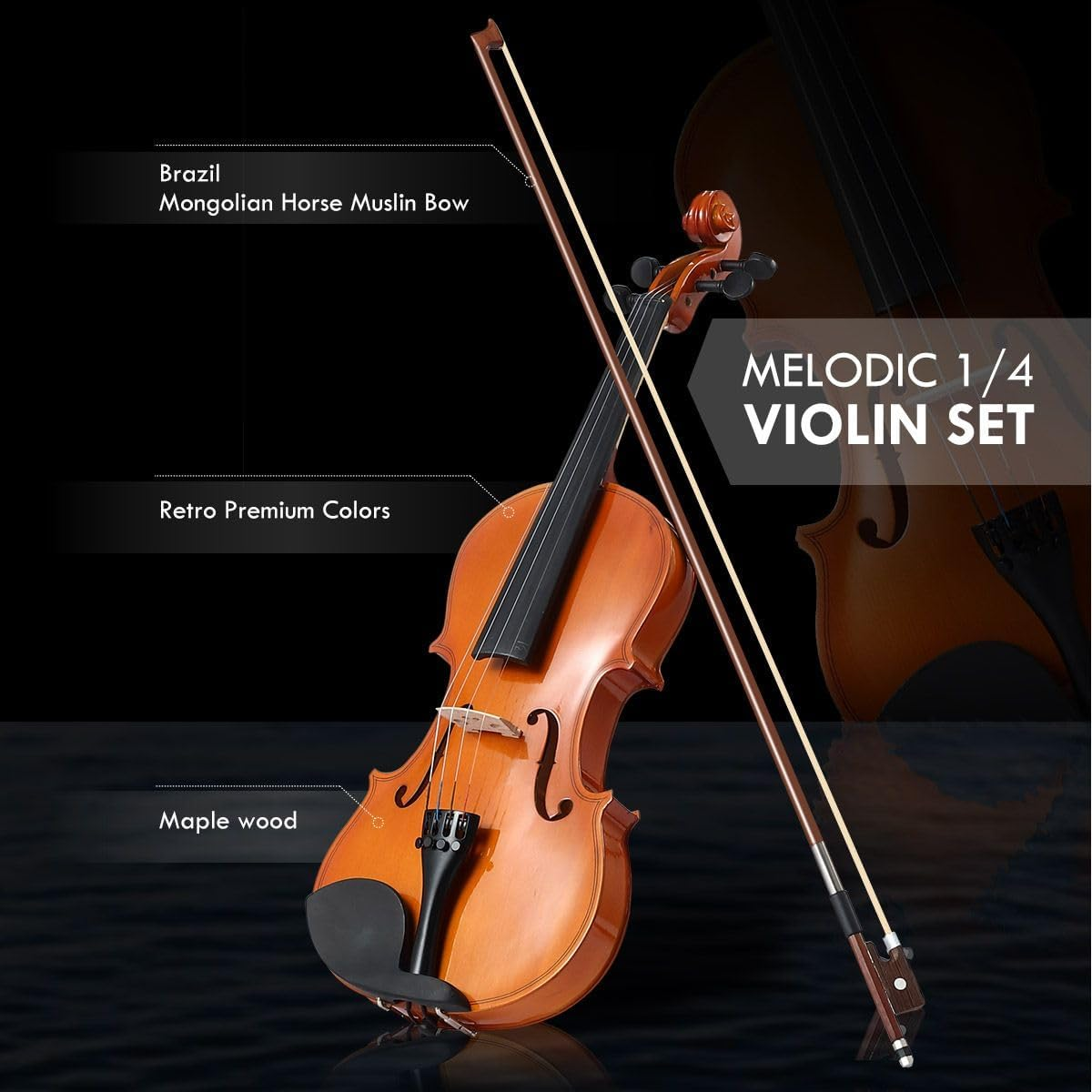 Melodic 1/4 Size Acoustic Violin Kit 4 Strings Natural Varnish Finish with Case Bow image number 4