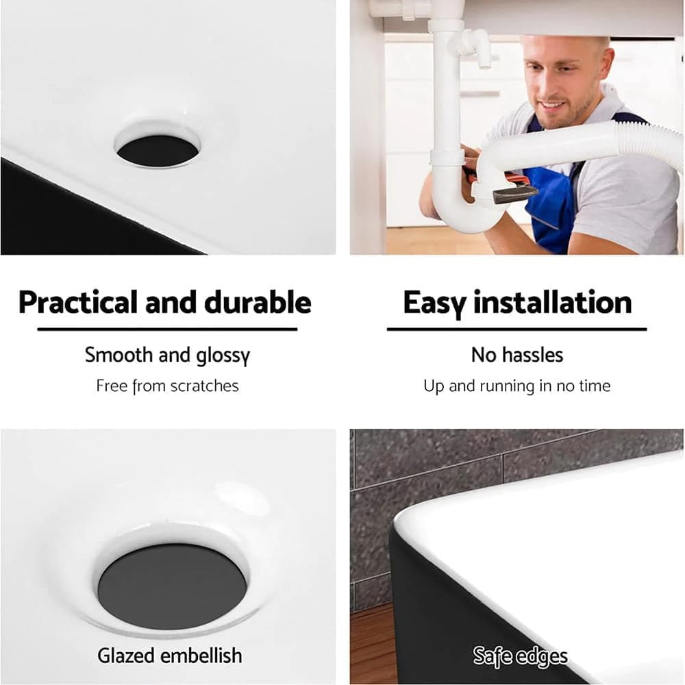 Cefito Bathroom Basin Vanity Sink, Ceramic Hand Wash Basins Vessel Sinks above Counter Top Tools Kitchen Home Improvement, Rectangle High Gloss Finish Modern Scratch-Resistant Black White image number 5