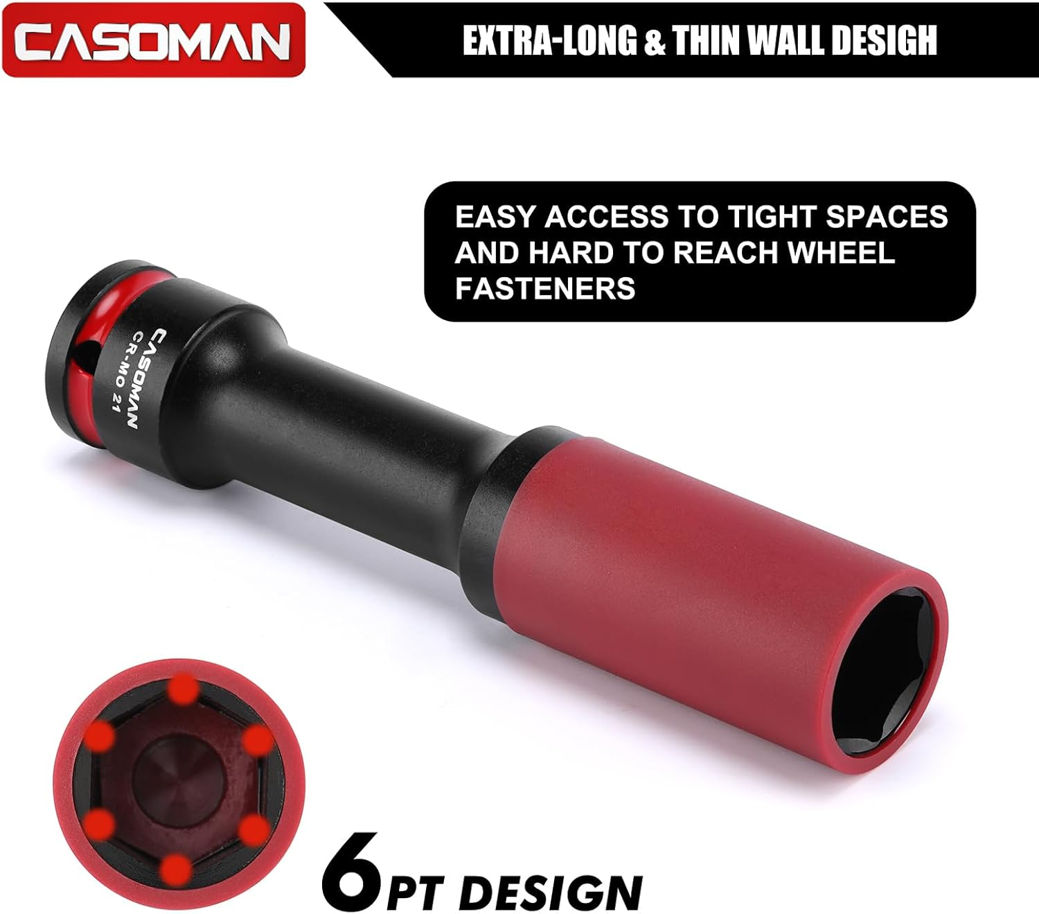 CASOMAN 3PCS 1/2" Drive Non-Marring & Thin Wall Lug Nut Impact Socket Set, for Wheel Lug Nut Remover, Extra Deep 150Mm, 6-Point, Metric, CR-MO, 17Mm 19Mm 21Mm image number 4