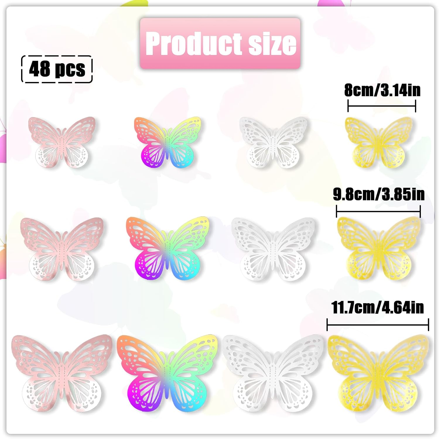 TEAONE 3D Butterfly Wall Decor Stickers, 48 PCS Cute Removable Decals for Party, Wedding, Birthday Decor (3 Size, 4 Colors)