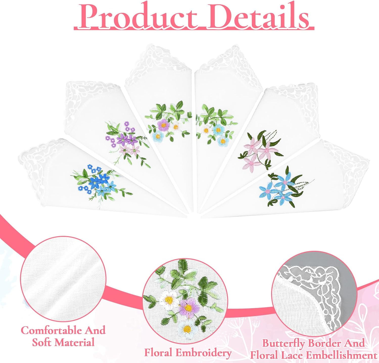 LXUEJIE 12Pcs Cotton Handkerchiefs for Women, Flower Embroidered with Lace Handkerchief White Ladies Hankies
